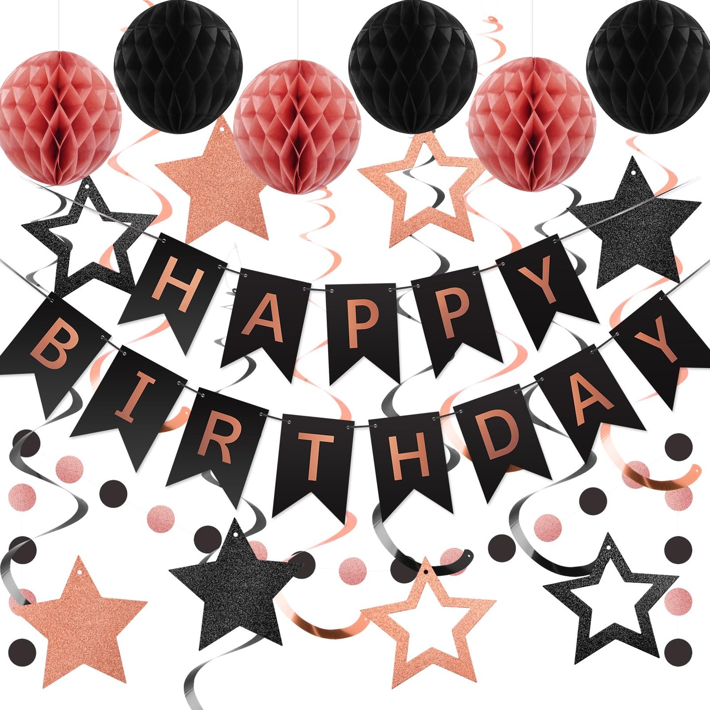 Hotmeowtastic Birthday Decorations Happy Birthday Banner with Honeycomb Balls | 16pcs Birthday Set: 1 Banner+6 Honeycomb Balls+8 Star Spirals+1 Circle Dots, Happy Birthday Decor - Blue