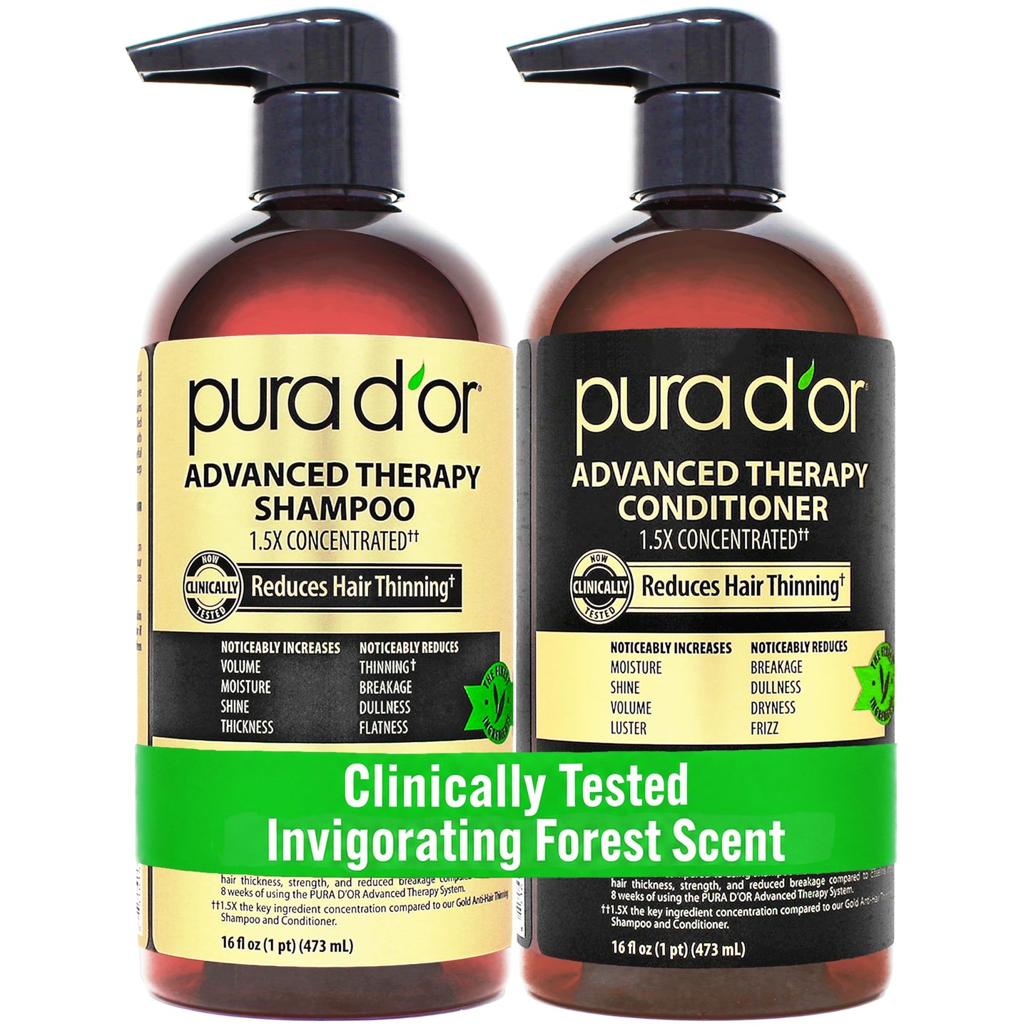 HotPURA D'OR Anti-Thinning Biotin Shampoo & Hair Regrowth Conditioner, CLINICALLY TESTED Effective Results, Thickening Herbal Blend For Women & Men, Original Gold Label Set, Natural Earthy Scent, 16oz x2