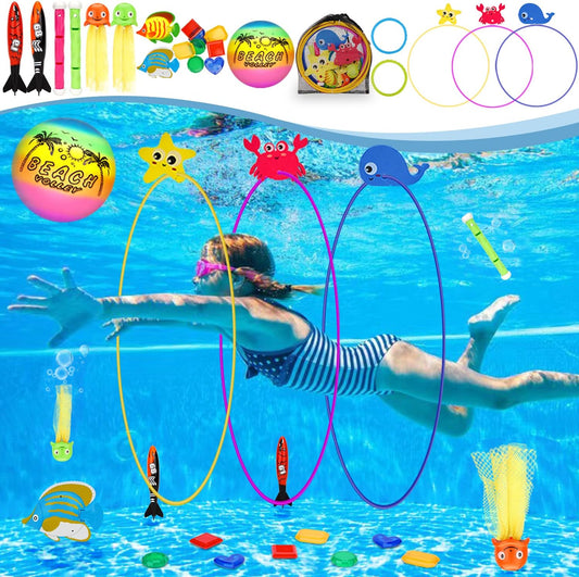 HotDAUXONE Diving Toys, 27 Pcs Pool Toys with Swim Thru Rings for Kids Age 3-12, Dive Sticks, Rings, Gem, Octopus, Torpedo, Mesh Bag Include