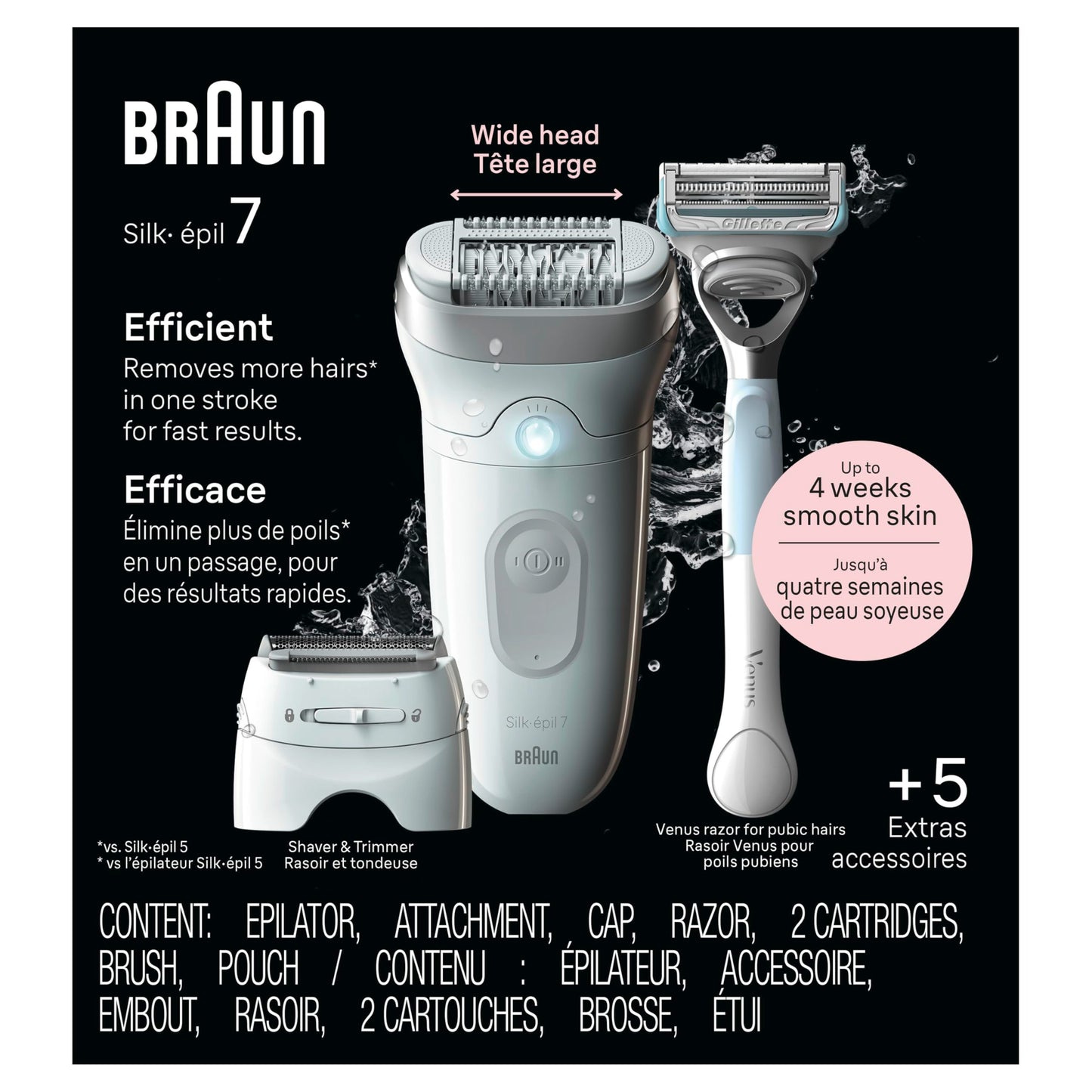 HotBraun Epilator Silk-épil 7, Hair Removal Device, Women Shaver & Trimmer, Wet and Dry, Wide Head, Includes Shaver Head and Trimmer Comb, SE7-041, Silver