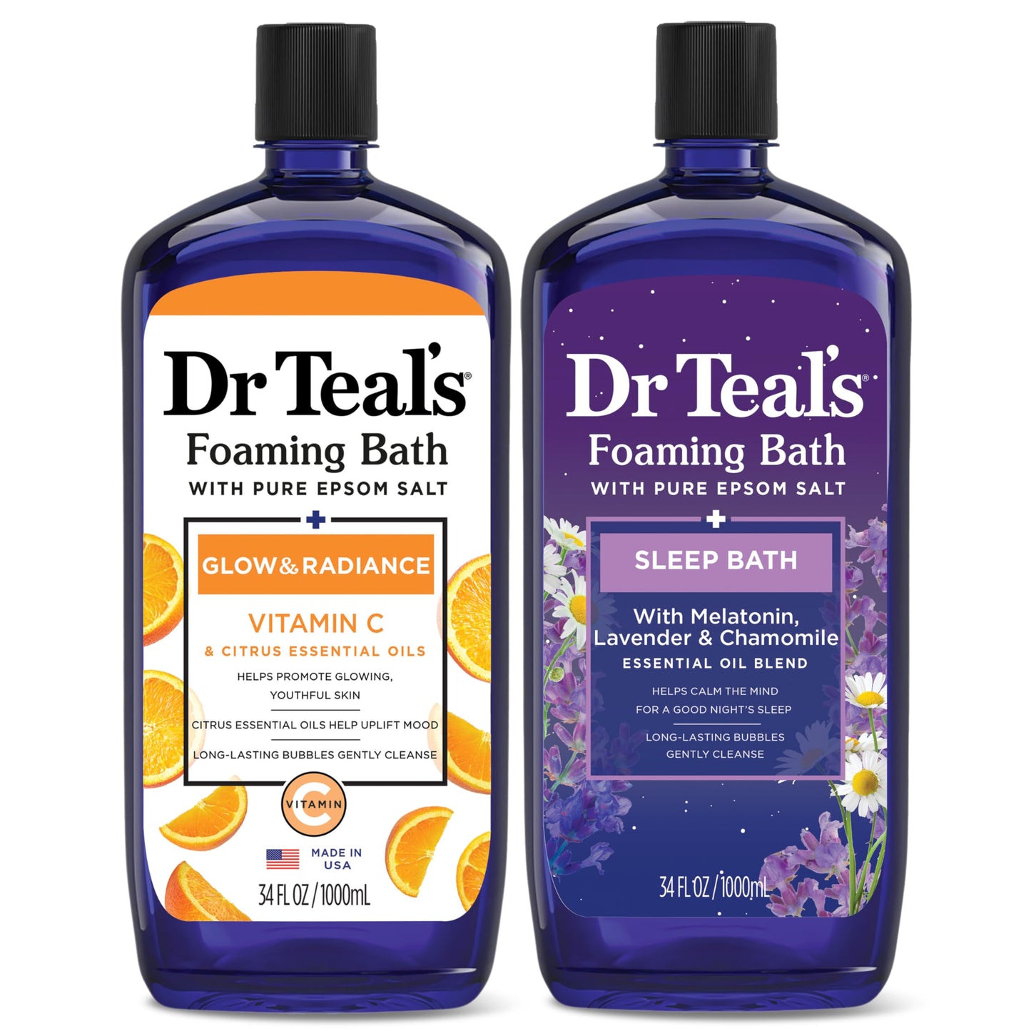 HotDr Teal's Foaming Bath with Pure Epsom Salt, Soothe & Sleep with Lavender, 34 fl oz (Pack of 2)
