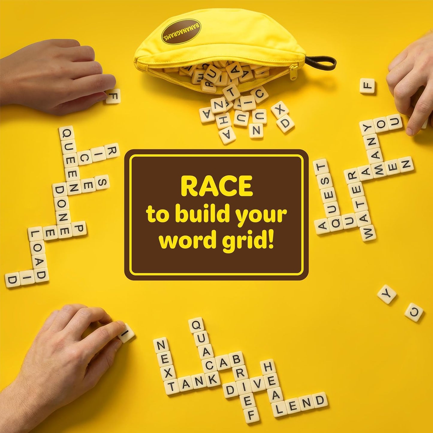 HotBananagrams Classic Word Game, 144 Tiles in Banana Pouch, Travel Game | Fast-paced spelling & anagram game for 1-8 players; portable pouch, educational wordplay for kids and adults ages 7+