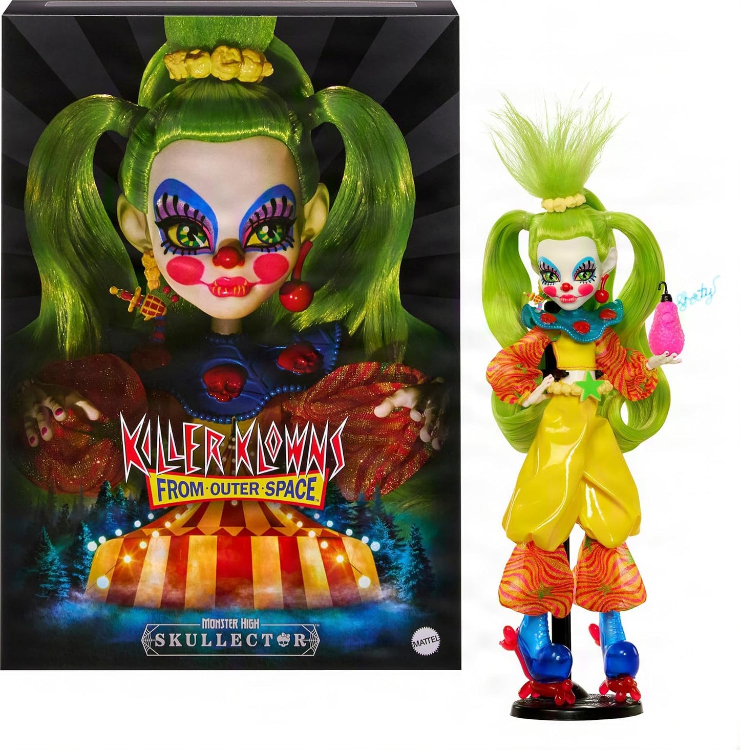 Hot Monster High Skullector Shorty Doll, Killer Klowns from Outer Space Collectible with Green Hair, Yellow Clown Clothes, Balloon Shoes and Doll Stand (Amazon Exclusive)