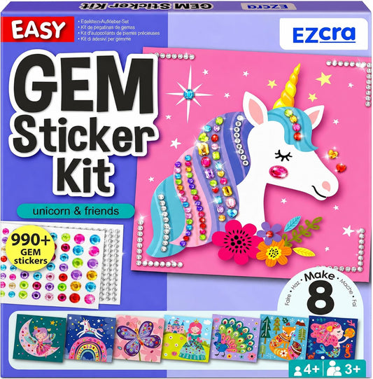HotEZCRA Gem Sticker Kit for Kids - 990+ Stickers, 8 Unicorn Princess Themes | Diamond Art Stickers and Gem Craft Set. Mess-Free and DIY Arts and Crafts. Birthday and Holiday Gift for Girls Ages 3-8.