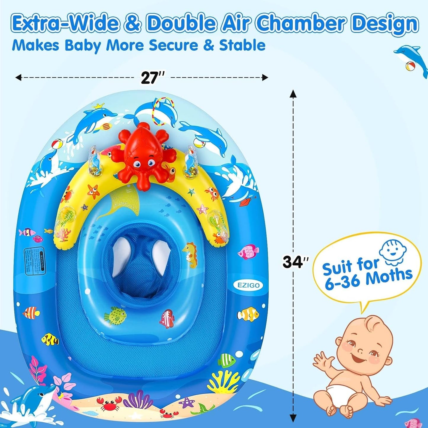 HotEZIGO Baby Pool Float with Canopy UPF50+ Sun Protection, Inflatable Kids Pool Floats with Ocean Animal Toys for Baby 6-36 Months, Infant Swimming Float with Adjustable Safety Seat for Boys Girls