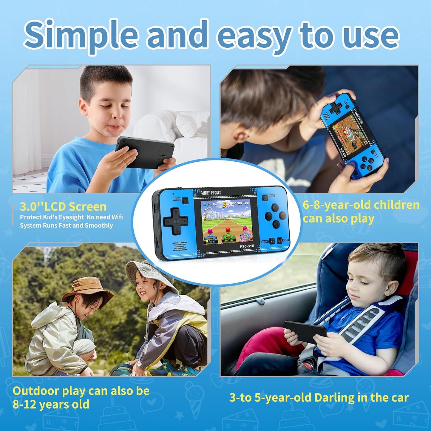 Hot Handheld Game for Kids -Preloaded 220 Retro Video Games, Portable Gaming Player with Rechargeable Battery 3.0" LCD Screen, Mini Arcade Electronic Toy Gifts for Boys Girls (Black+Blue)
