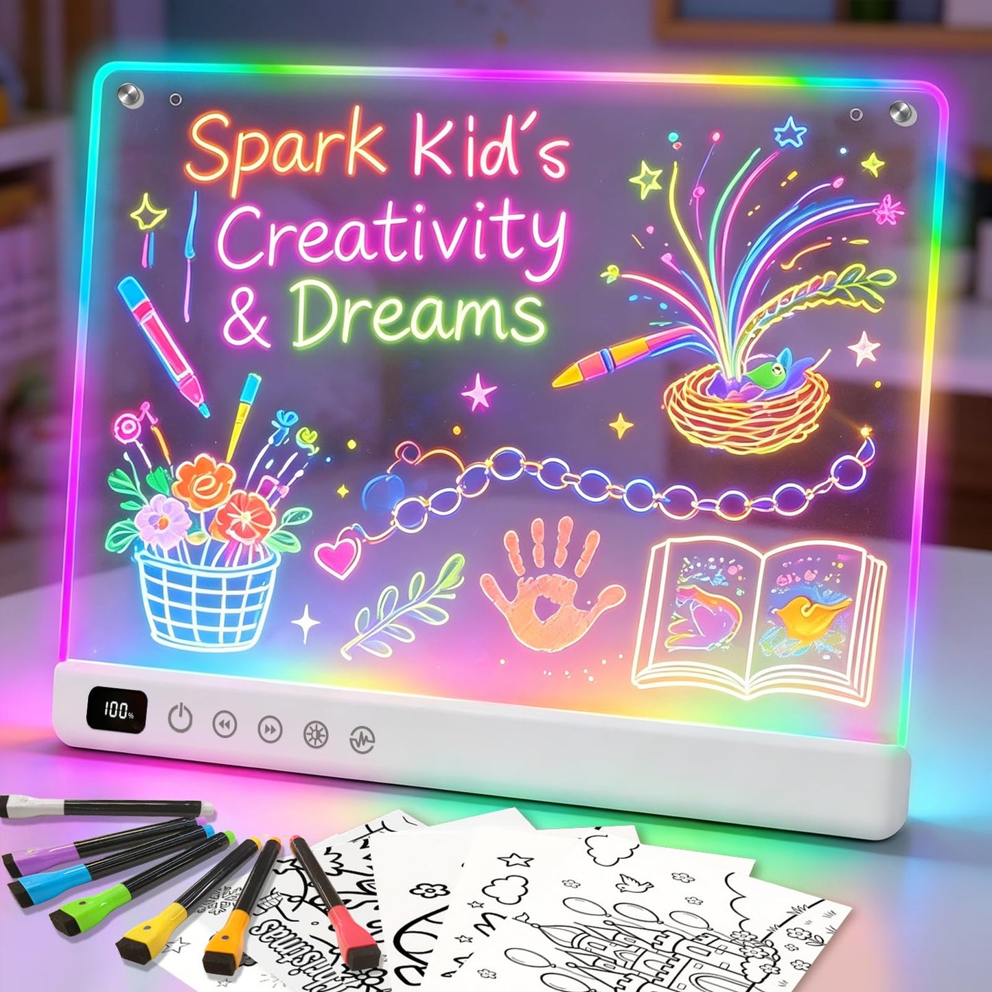 Hot Led Drawing Board with 13 Light Effects, 16" Rechargeable Glow Doodle LED Note Board with Colors, Neon Light Up Drawing Tablet Gifts for Kids for Easter Birthday Christmas Gift Ideas