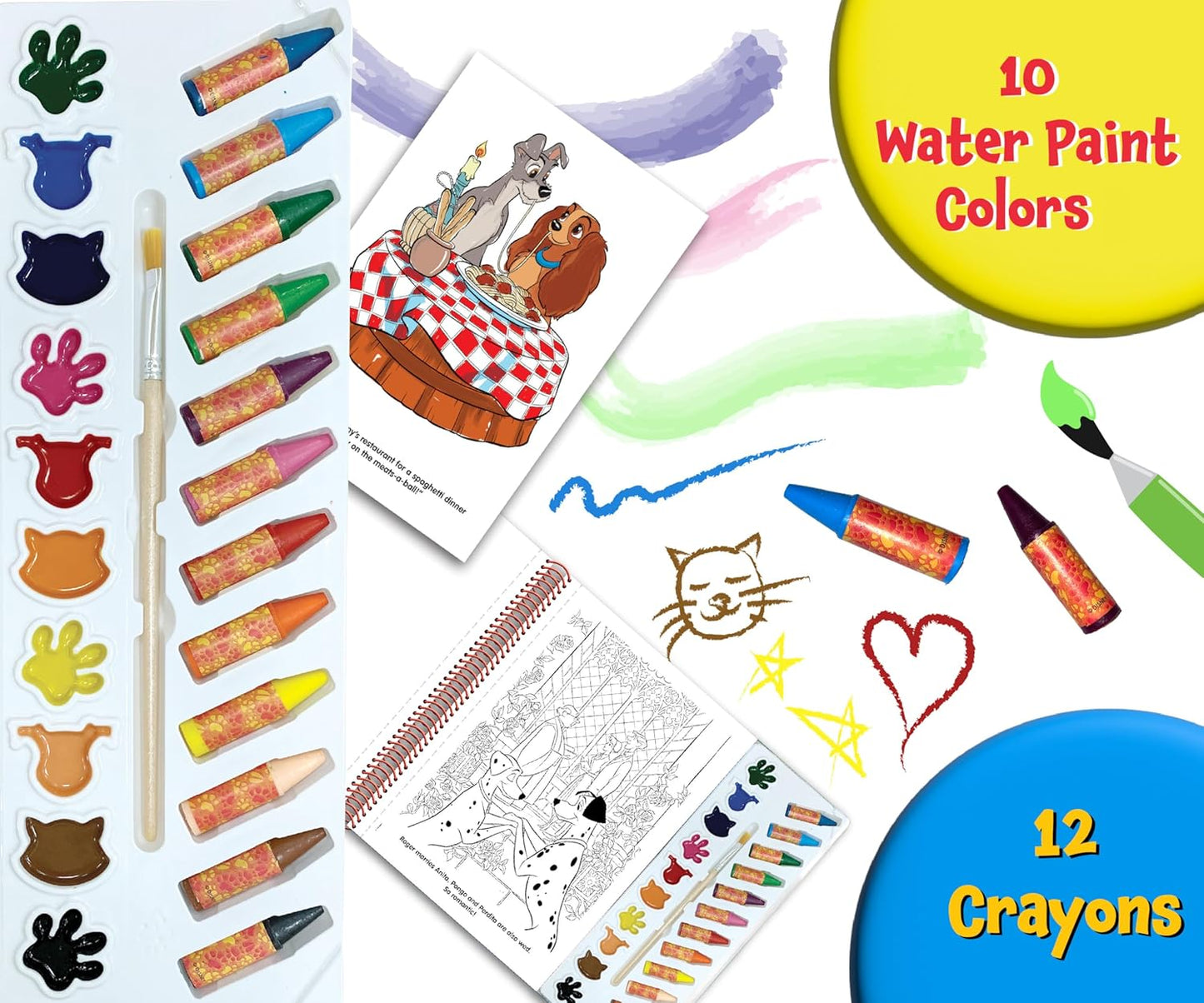 Hot Disney Animals Deluxe Poster Paint & Color - Coloring Book for Kids, 80 Illustrations, 10 Watercolor Paints, 12 Crayons, 1 Paint Brush