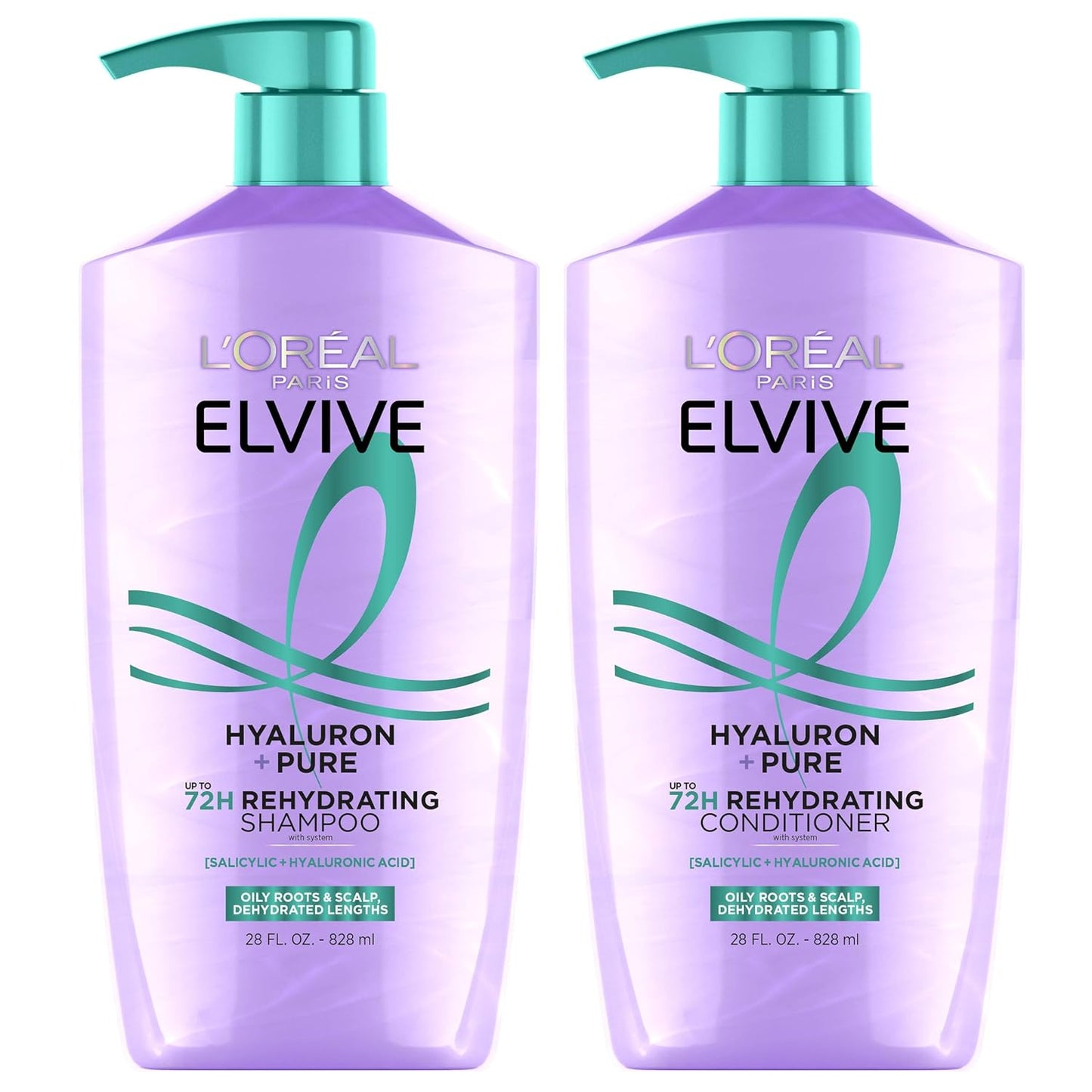 HotL'Oreal Paris Elvive Hyaluron + Pure Shampoo and Conditioner Set, Clarifying Shampoo and Rehydrating Conditioner with Salicylic Acid and Hyaluronic Acid, 56 Fl Oz Set