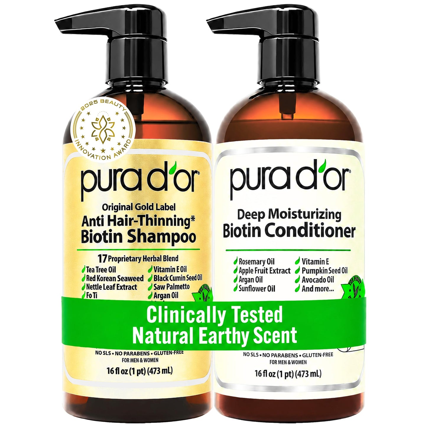 HotPURA D'OR Anti-Thinning Biotin Shampoo & Hair Regrowth Conditioner, CLINICALLY TESTED Effective Results, Thickening Herbal Blend For Women & Men, Original Gold Label Set, Natural Earthy Scent, 16oz x2