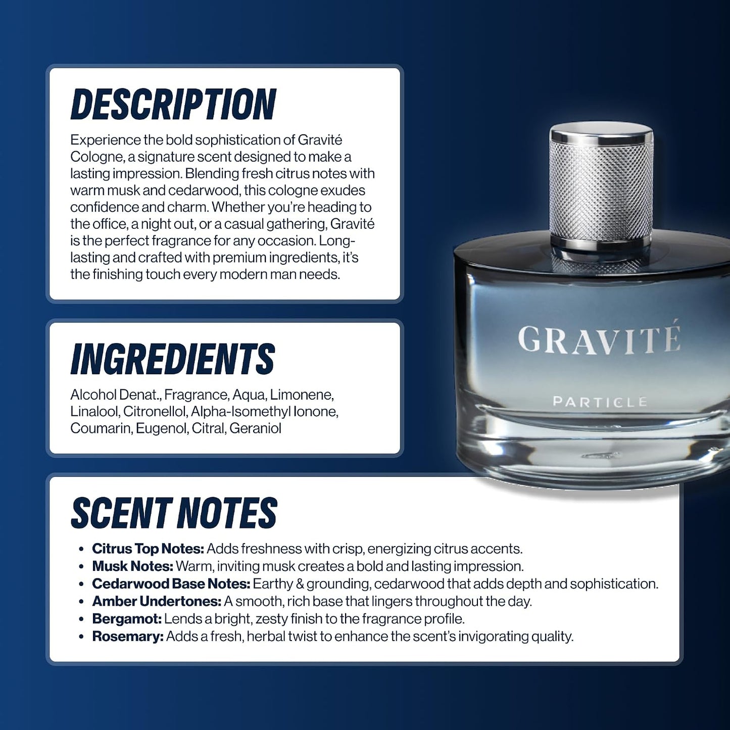 Hot Particle Gravité Cologne Spray for Men, Long Lasting Fresh Scent, Men's Perfume Woody Citrus Fragrance, Notes of Pepper, Rosemary, Grapefruit, Cedar, Cashmere & Musk, 3.38 FL OZ Bottle
