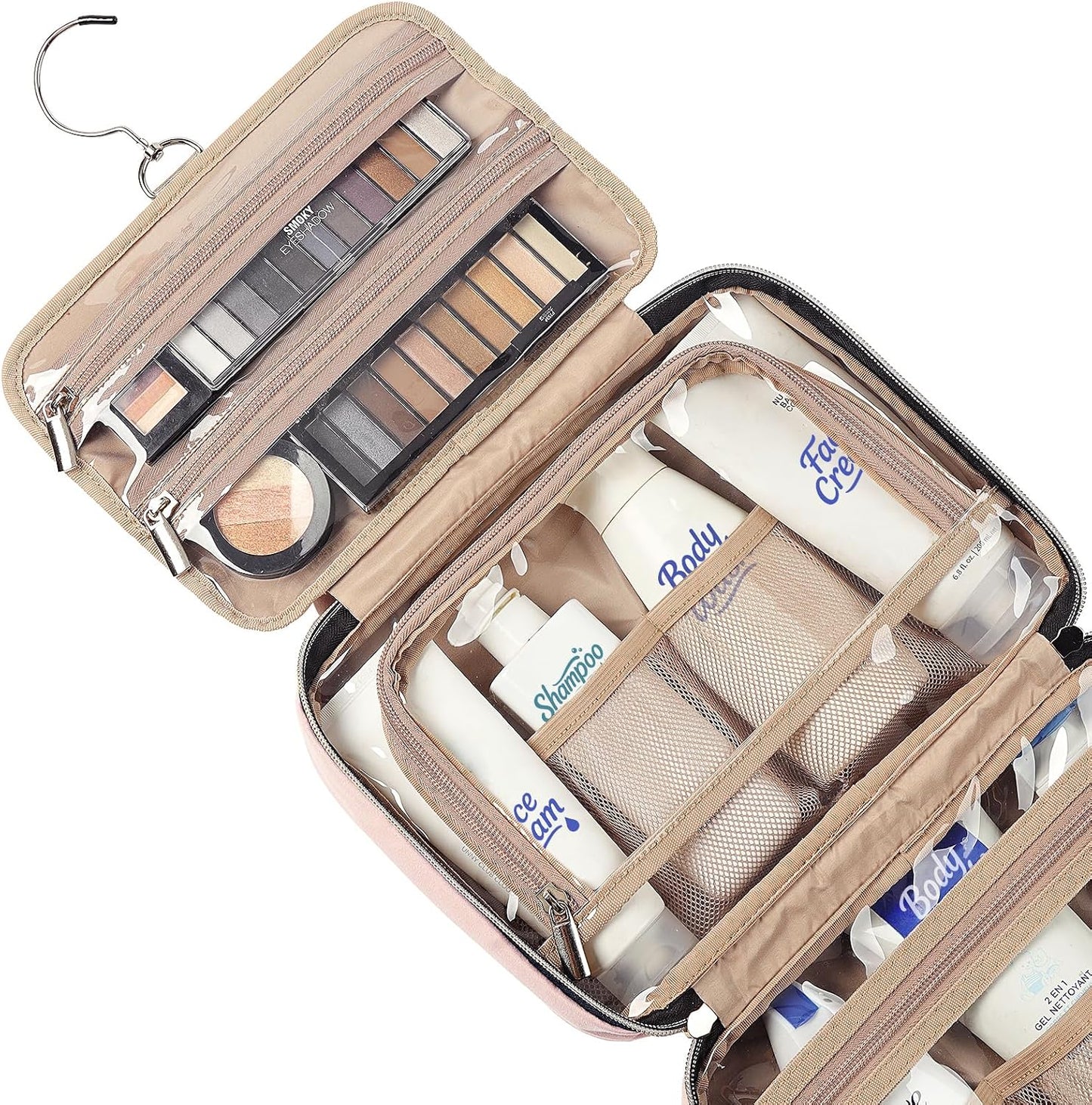 HotNISHEL Travel Toiletry Bag for women, Portable Hanging Organizer for Travel-Sized Shampoo, Conditioner, Brushes Set, makeup Accessories, Medium Size, Pink
