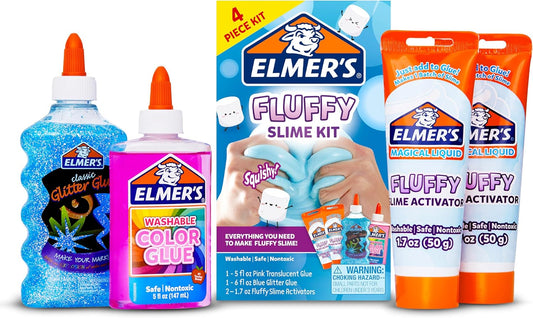 HotElmer’s Fluffy Slime Kit, Includes Translucent Color Glue, Glitter Glue, Fluffy Slime Activator, 4 Count - Perfect for Birthday Parties, Summer Fun, Creative Kids Activity
