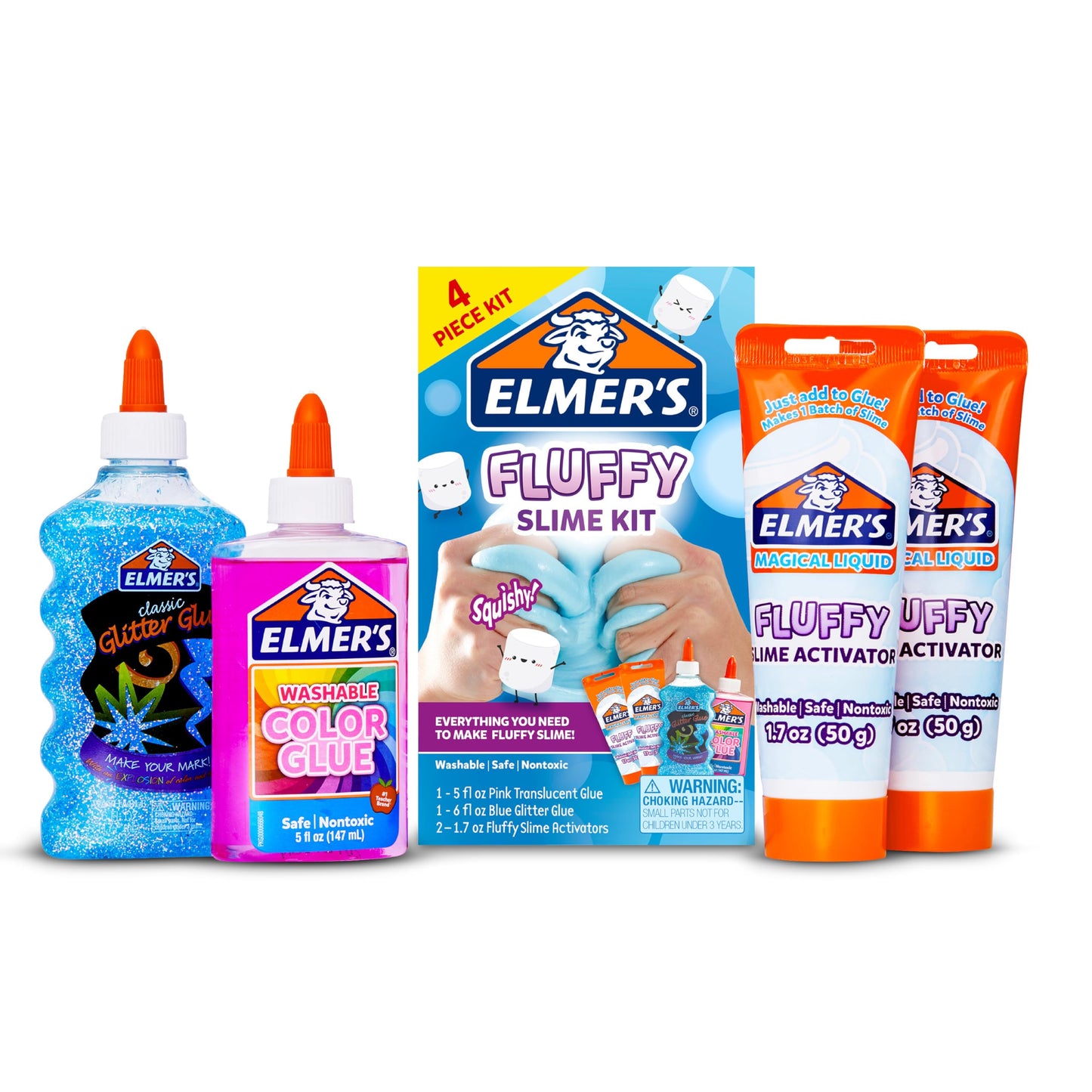 HotElmer’s Fluffy Slime Kit, Includes Translucent Color Glue, Glitter Glue, Fluffy Slime Activator, 4 Count - Perfect for Birthday Parties, Summer Fun, Creative Kids Activity