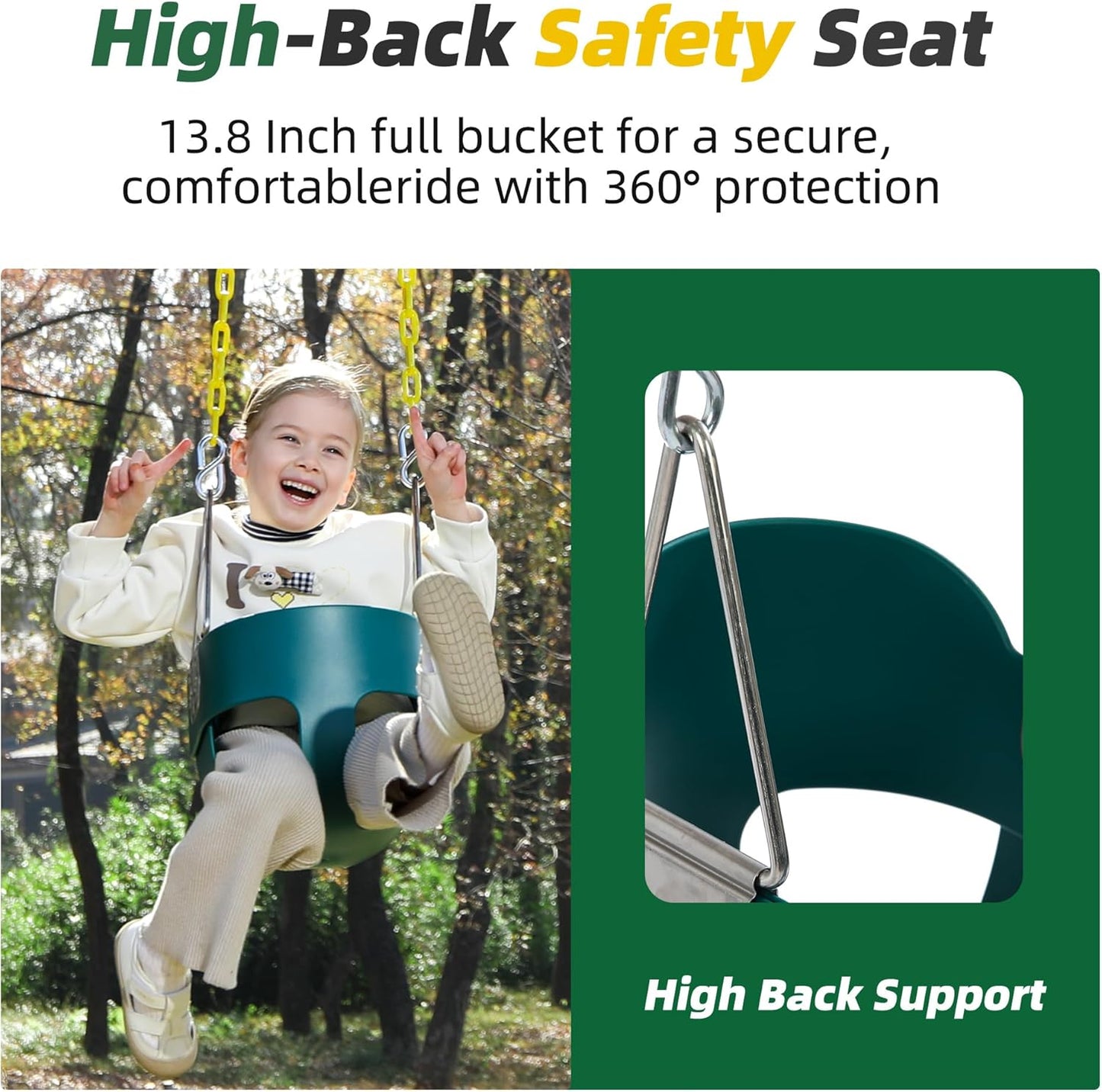 Hot High Back Full Bucket Toddler Swing Seat with Yellow Coated Chains Fully Assembled Baby Swing Set Accessories