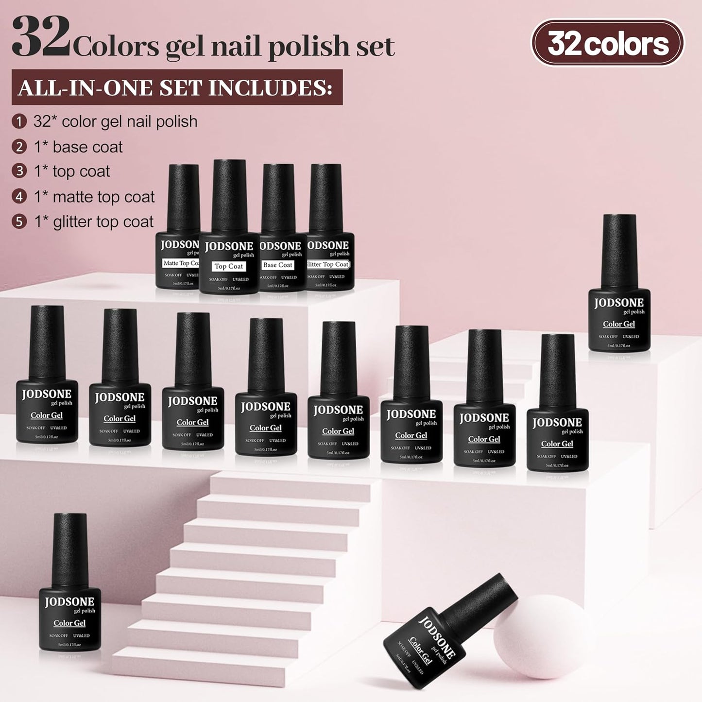 HotJODSONE 36 PCS Gel Nail Polish Set-32 Colors Gel Polish Kit Base Coat Glossy Matte and Glitter Top Coat Nail Polish Set Green Blue Red Pink Collection Gifts for Women
