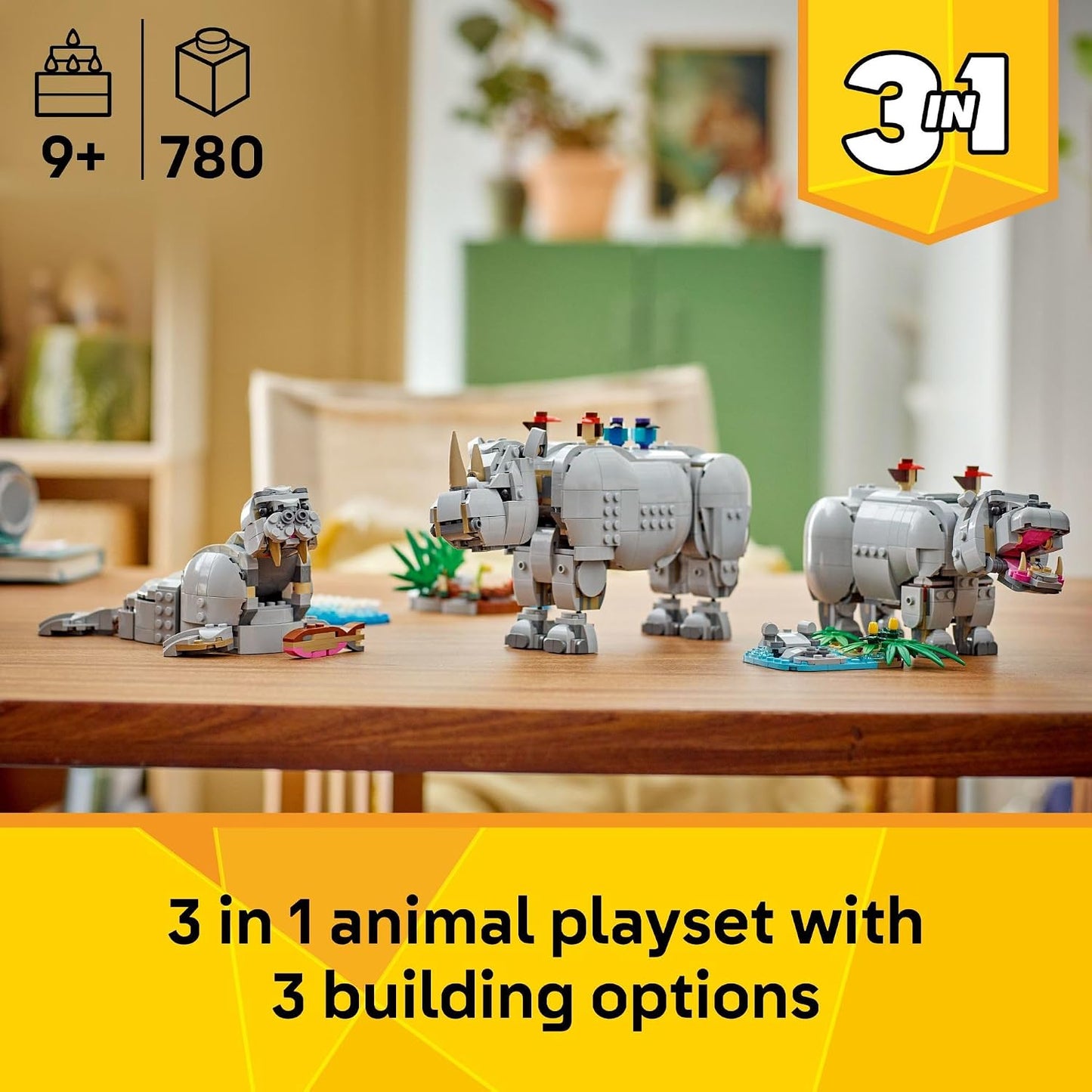 Hot LEGO Creator 3 in 1 Wild Animals: Majestic Rhino with Birds Building Toys for Kids - Safari Pretend Play Toys for Girls & Boys, Ages 9+ - Gift for Birthdays - 31171