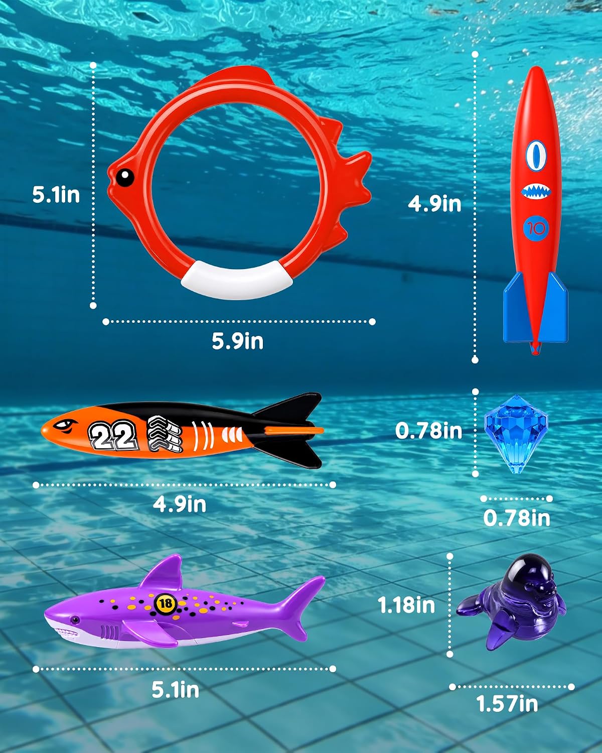 Hot20Pcs Summer Pool Diving Swimming Toys for Kids Ages 3-12, Fun Swim Games Sinking Set, Underwater Dive Gifts with Storage Bag Include Torpedo Gems Shark Rings Sea Animals for Boys Girls