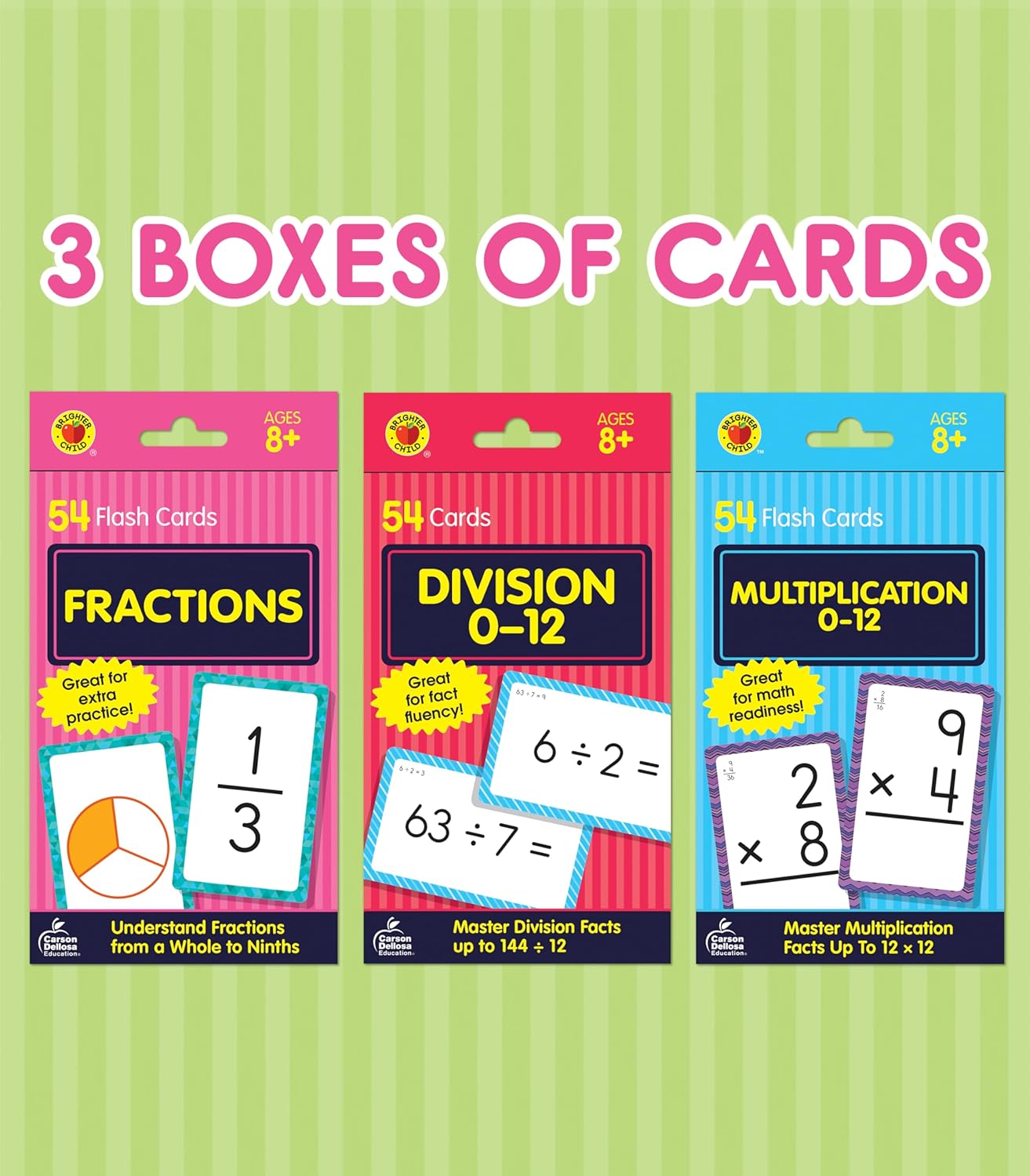 Hot Carson Dellosa Division, Fractions, and Multiplication Flash Cards, 3 Sets of Flashcards, Math Games for Kids 8-12, 3rd Grade Mathematics Practice and Up