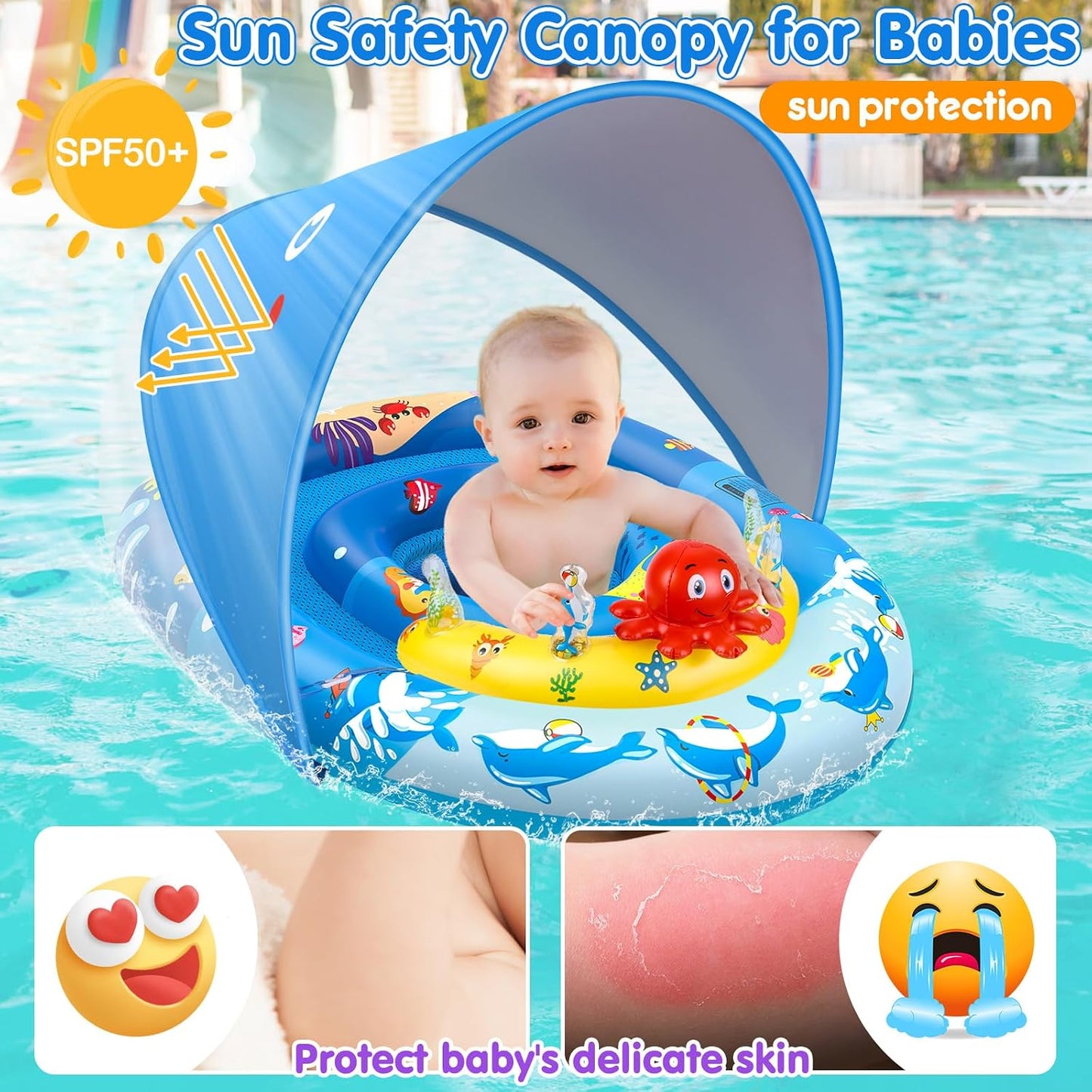 HotEZIGO Baby Pool Float with Canopy UPF50+ Sun Protection, Inflatable Kids Pool Floats with Ocean Animal Toys for Baby 6-36 Months, Infant Swimming Float with Adjustable Safety Seat for Boys Girls