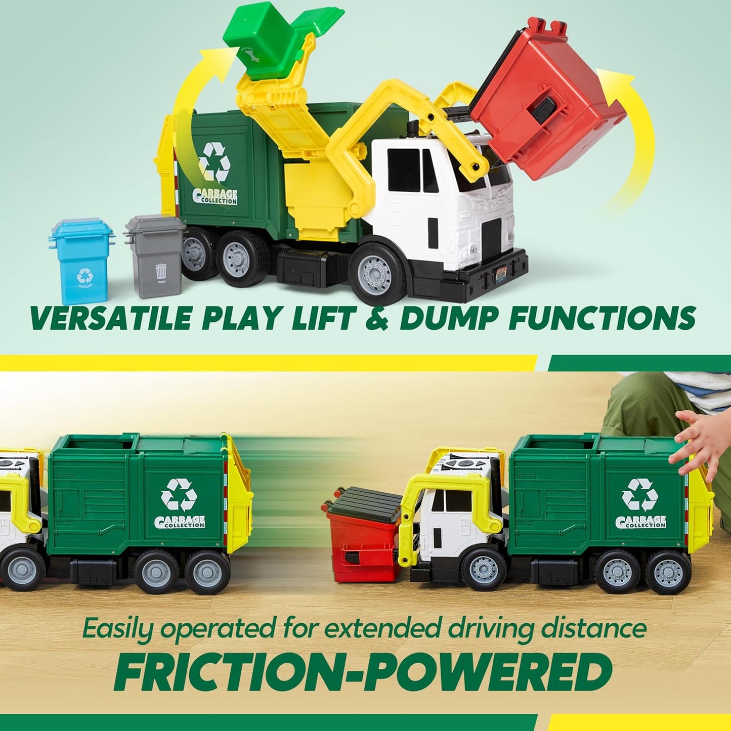 HotJOYIN Large Friction Powered Garbage Truck Toy Set, Includes 1 Dumpster, 3 Trash Bins, and 30 Learning Cards for Kids, Boy Toys Birthday Gift, Green