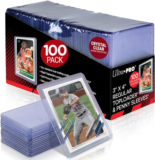HotUltra Pro Toploaders and Card Sleeves Bundle – 3" x 4" Clear Regular Toploaders & Soft Penny Sleeves for Standard Size Cards – Hard Plastic Card Protectors for Collectible Trading Cards – 100 Pack