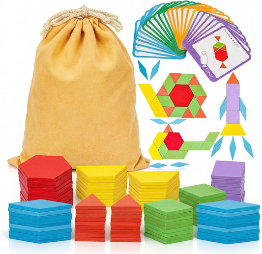 HotLovesTown 209 PCS Shapes Wooden Pattern Blocks for Kids, Geometric with Activity Cards and Storage Bag, Educational Tangram Puzzles,Great Learning Gift from Parents or Teachers