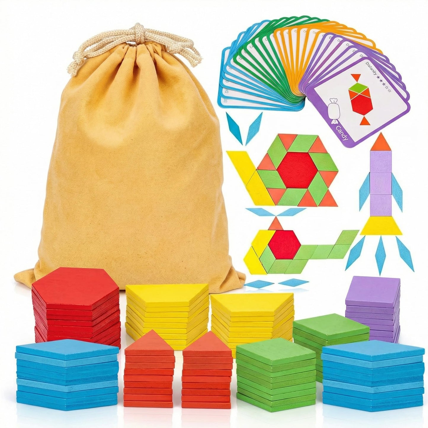 HotLovesTown 209 PCS Shapes Wooden Pattern Blocks for Kids, Geometric with Activity Cards and Storage Bag, Educational Tangram Puzzles,Great Learning Gift from Parents or Teachers