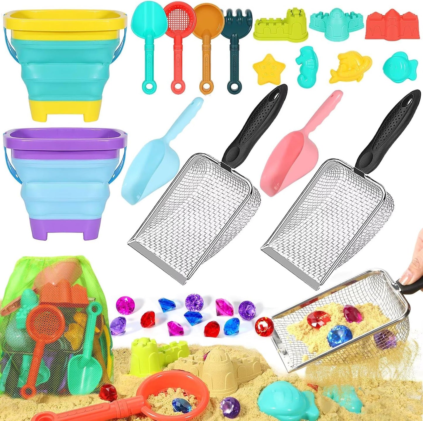 HotBeach Sand Toys for Kids,Sand toys with 2 Collapsible Beach Bucket,2 Beach Sifter Shovel,Sand Shovel Set,Sand Castle Kit,Sea Animal Molds,Diving Gem Pool Toy,Mesh Bag Travel Toys for Toddler 3-10