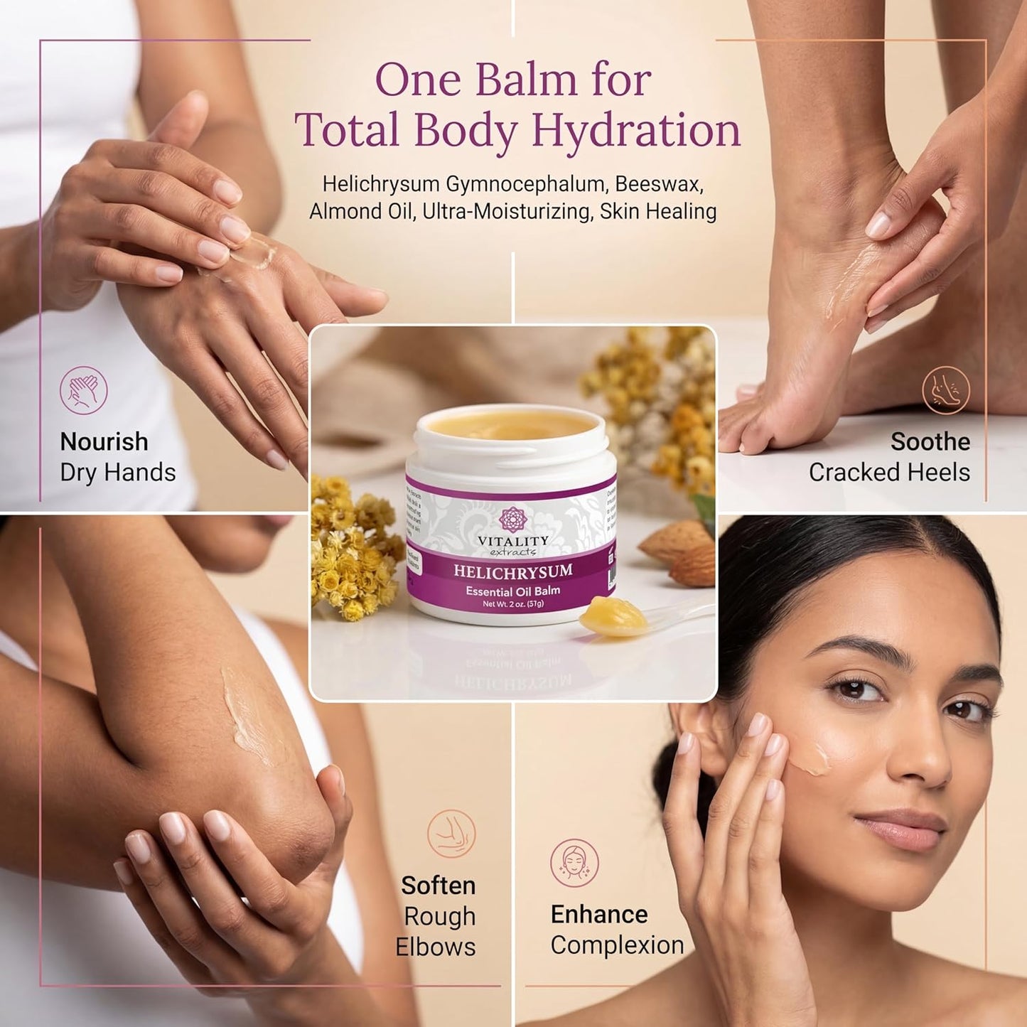 HotVitality Extracts Helichrysum Balm - 2oz, Helichrysum Gymnocephalum, Beeswax, Almond Oil, Ultra-Moisturizing, Skin Healing, Full Body Hydration