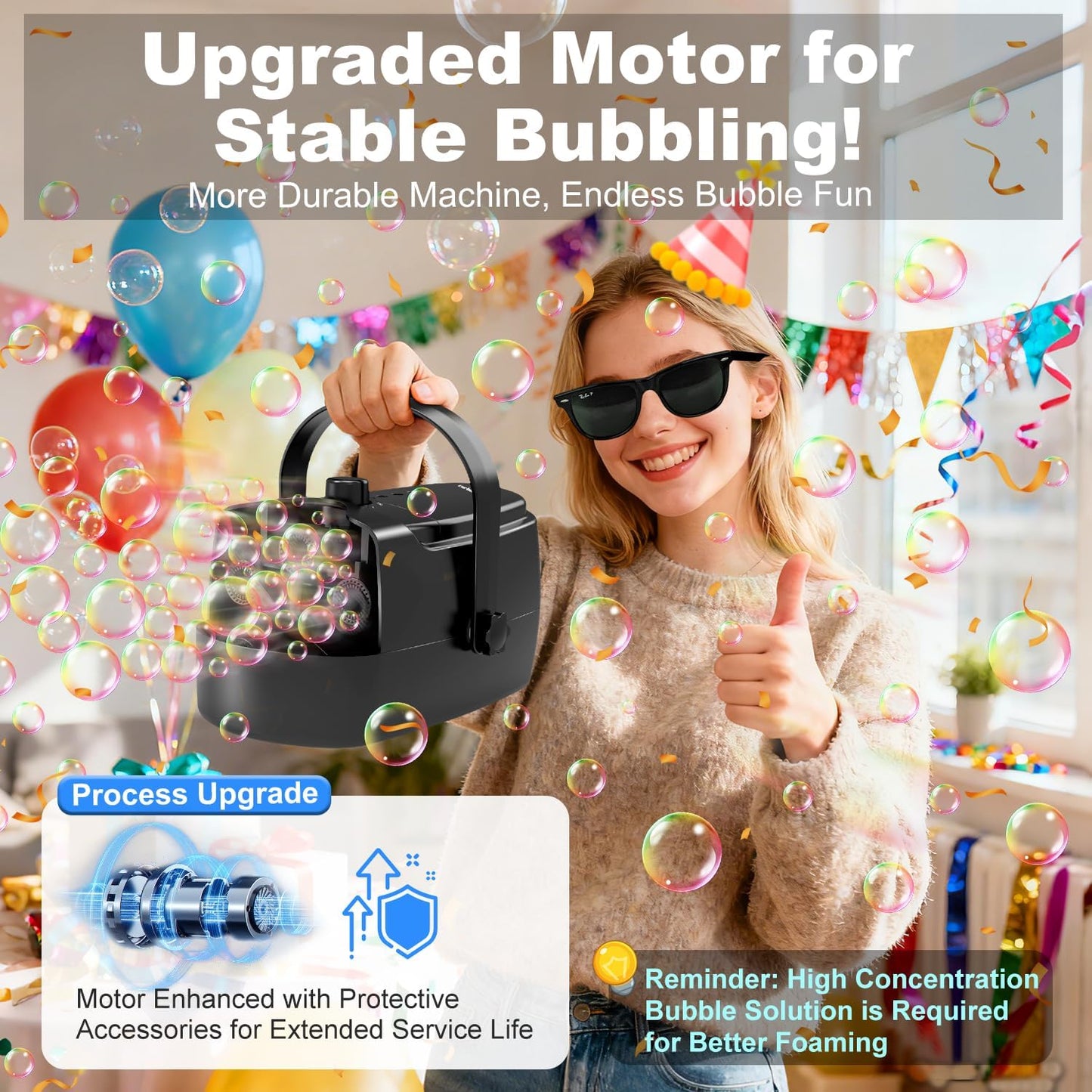 HotZerhunt Durable Bubble Machine for Party: 3 Power Modes for Non-Stop Fun - 18000+ Bubbles Per Minute High Output 30 Mins Bubbles per Refill - Kids Safe Auto-Stop for Outdoor Backyard Birthday