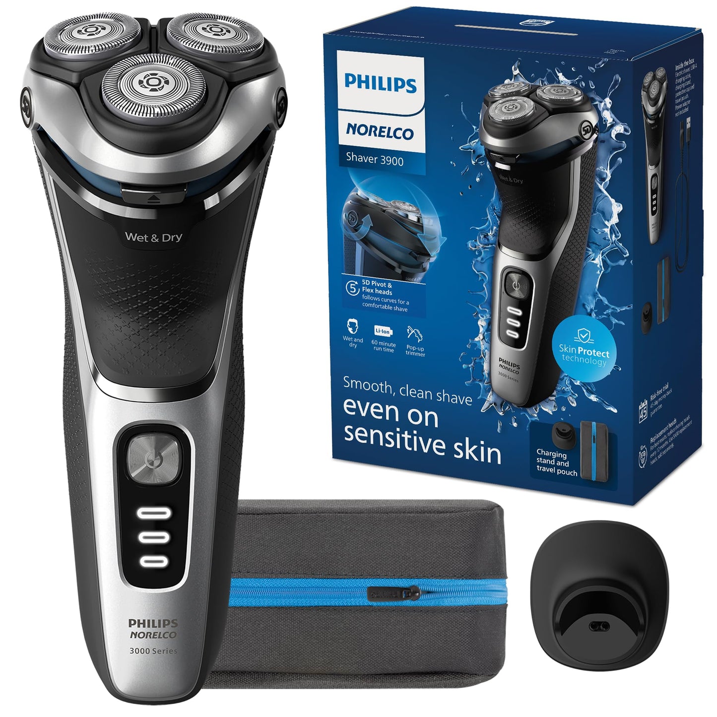 HotPhilips Norelco Shaver 3900 Series, Wet and Dry Electric Shaver, P-Cap, Travel Pouch, Charging Stand, Storm Blue, Model S3341/92