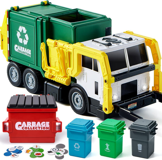 HotJOYIN Large Friction Powered Garbage Truck Toy Set, Includes 1 Dumpster, 3 Trash Bins, and 30 Learning Cards for Kids, Boy Toys Birthday Gift, Green