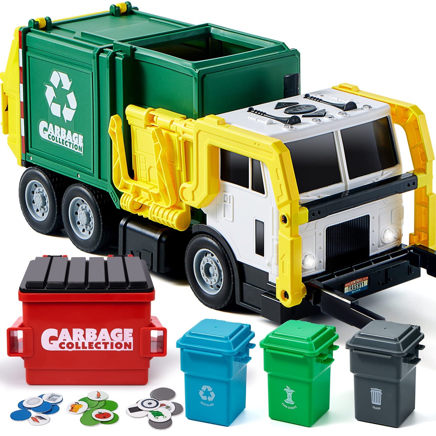 HotJOYIN Large Friction Powered Garbage Truck Toy Set, Includes 1 Dumpster, 3 Trash Bins, and 30 Learning Cards for Kids, Boy Toys Birthday Gift, Green