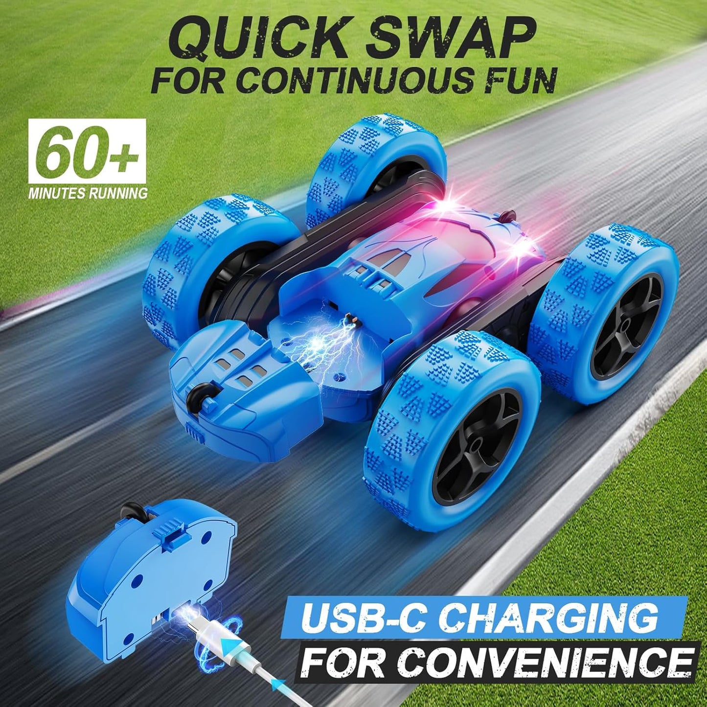 HotQUNREDA Remote Control Car, RC Cars Toys for Kids Ages 6-12, 4WD Stunt Car with LED Lights & 360° Flips, 2.4GHz, Upgraded USB-C Modular Batteries, 8-10 Year Old Boys Birthday Gift 1-Blue