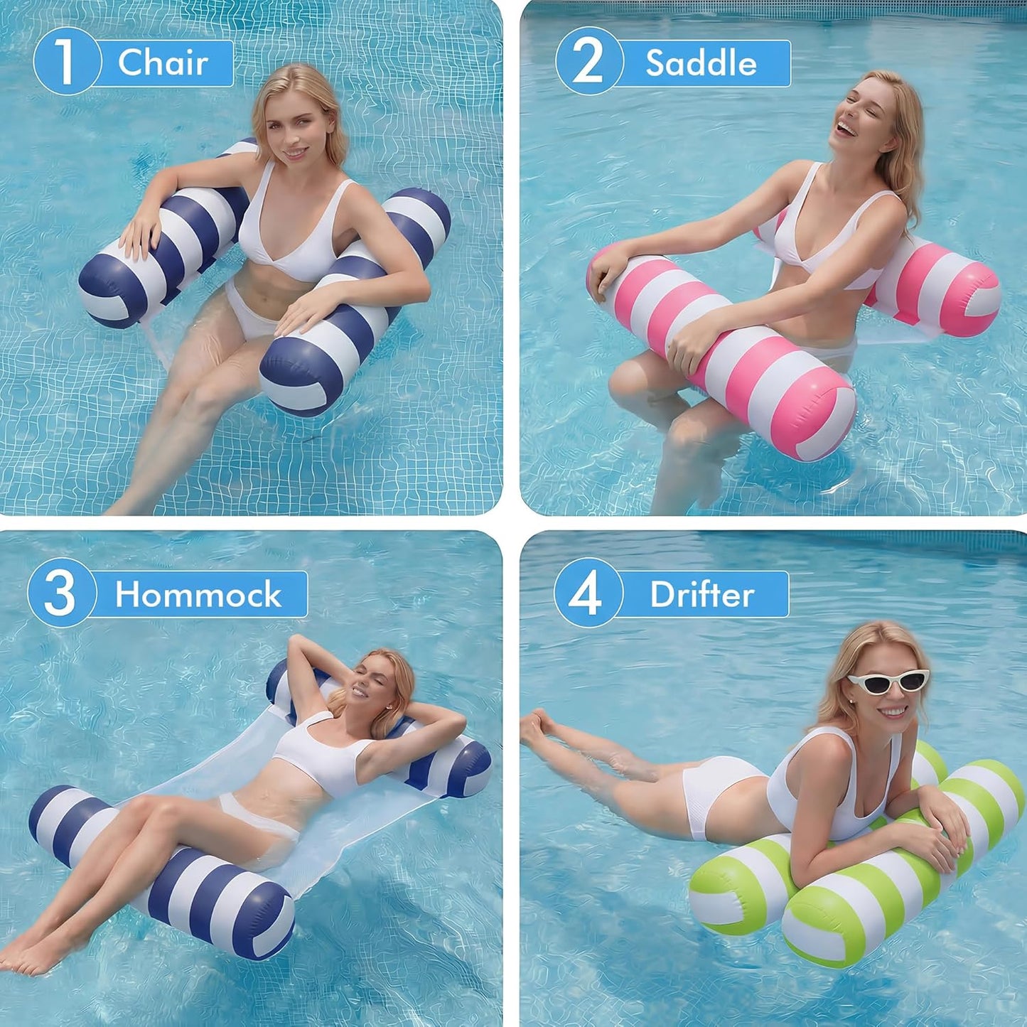 Hot4 Pack Inflatable Pool Floats, OKSUWATER 4-in-1 Water Hammock, Pool Floats Adult Size for Swimming Pool Party Summer Lake Water Fun