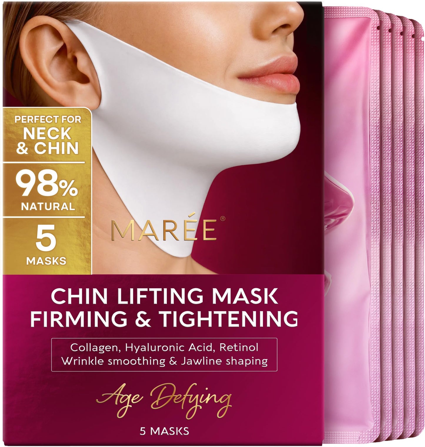 HotMAREE V Line Lifting Mask with 24K Gold – Deep Collagen Face Mask for Women – Jawline Shaper Mask with Retinol & Hyaluronic Acid – Neck Tightening & Firming - Double Chin Strap for Face Lift