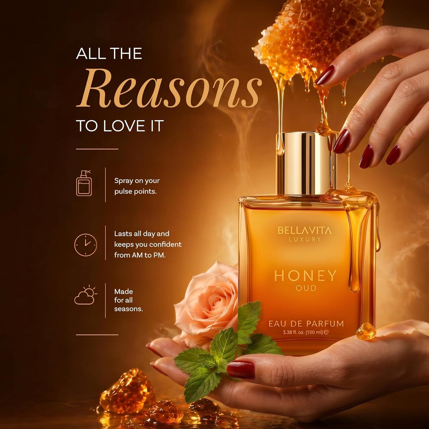 HotBellavita Luxury Honey Oud Eau de Parfum | 100 ml (3.4 fl.oz.) | Perfume for Men and Women | Sweet Honey, Bergamot, Oud, and Amber Notes | Women's Day Special