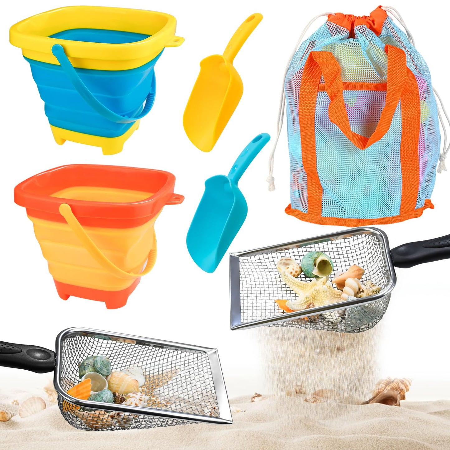 Hot 2 PCS Beach Mesh Shovel Sand Sifters with 2 PCS Mesh Beach Bag | Shark Tooth Sifter for Shell Collecting, Filter Sand Scooper Shells Tools for Boys and Girls