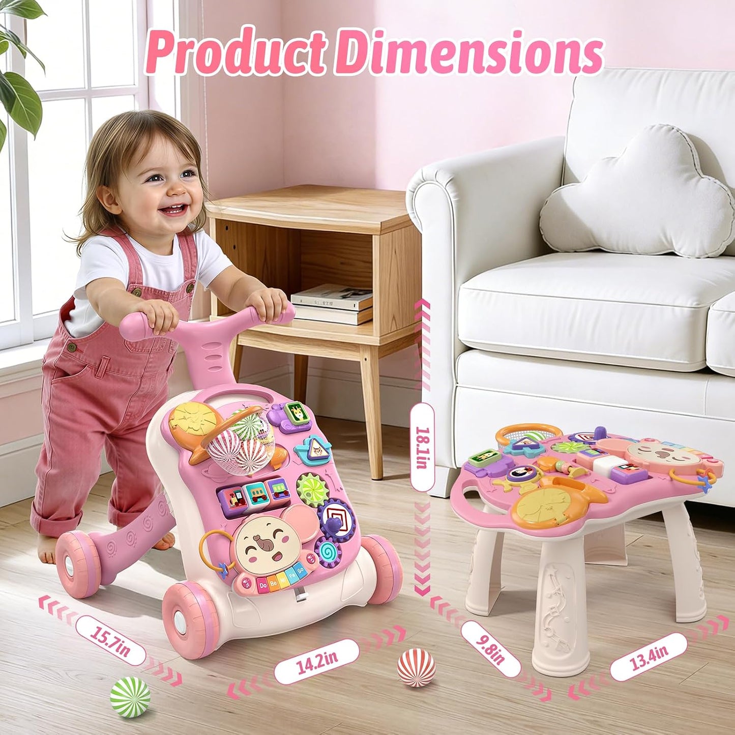 Hot QDRAGON 3 in 1 Baby Walker and Activity Center for Girl, Learning to Walk, Sit to Stand, Early Educational Push Toys with Music Panel for Infant Toddler 12+ Months Pink