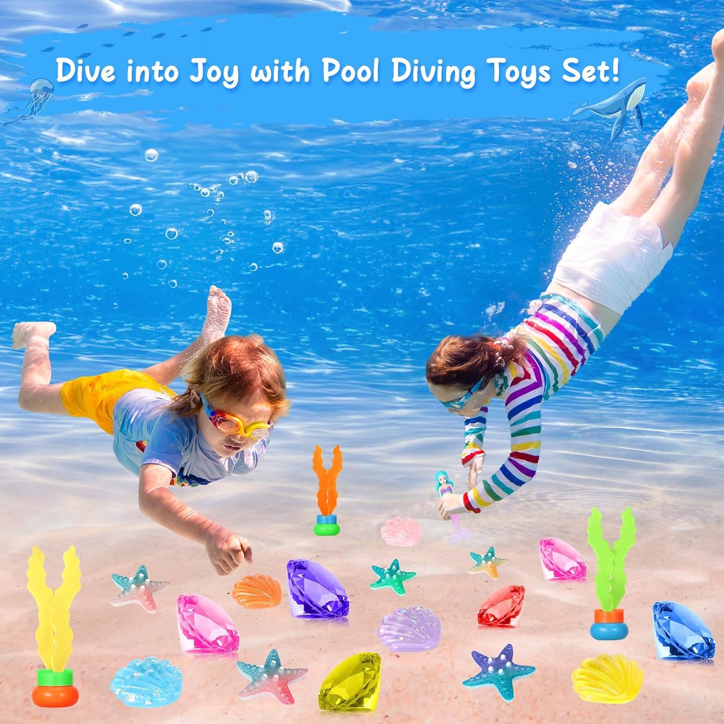 HotVGOFUN Diving Pool Toys for Kids Ages 3-12, 31 Pcs Mermaid Pool Toys, Diving Gem Toys with Pirate Treasure Chest, Summer Underwater Game Toys Swimming Training Gift for Boys Girls with Storage Bag