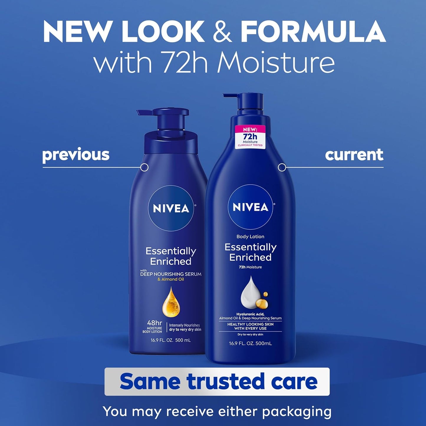 HotNIVEA Essentially Enriched Body Lotion for Very Dry Skin with Hyaluronic Acid, Almond Oil and Deep Nourishing Serum, 72-Hour Body Moisturizer, 16.9 Fl Oz Pump Bottle, Pack of 2