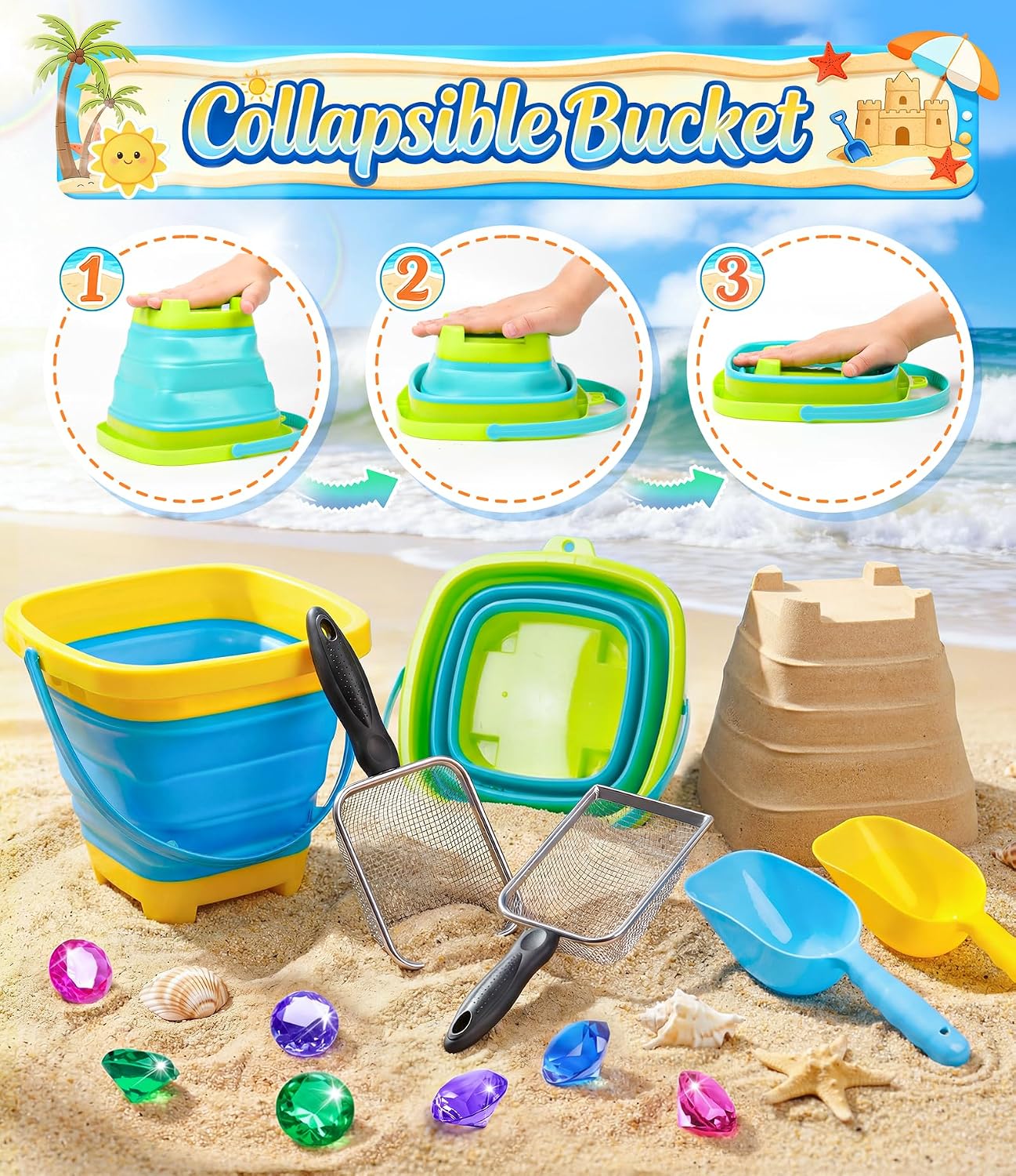 Hot DISHIO Beach Toys for Kids, 24 Pcs Metal Sand Sifter & Collapsible Beach Buckets Set, Stainless Steel Sand Shovel, Sandcastle Building Kit with Mesh Bag, Travel Sand Toys for Toddlers Age 3-10