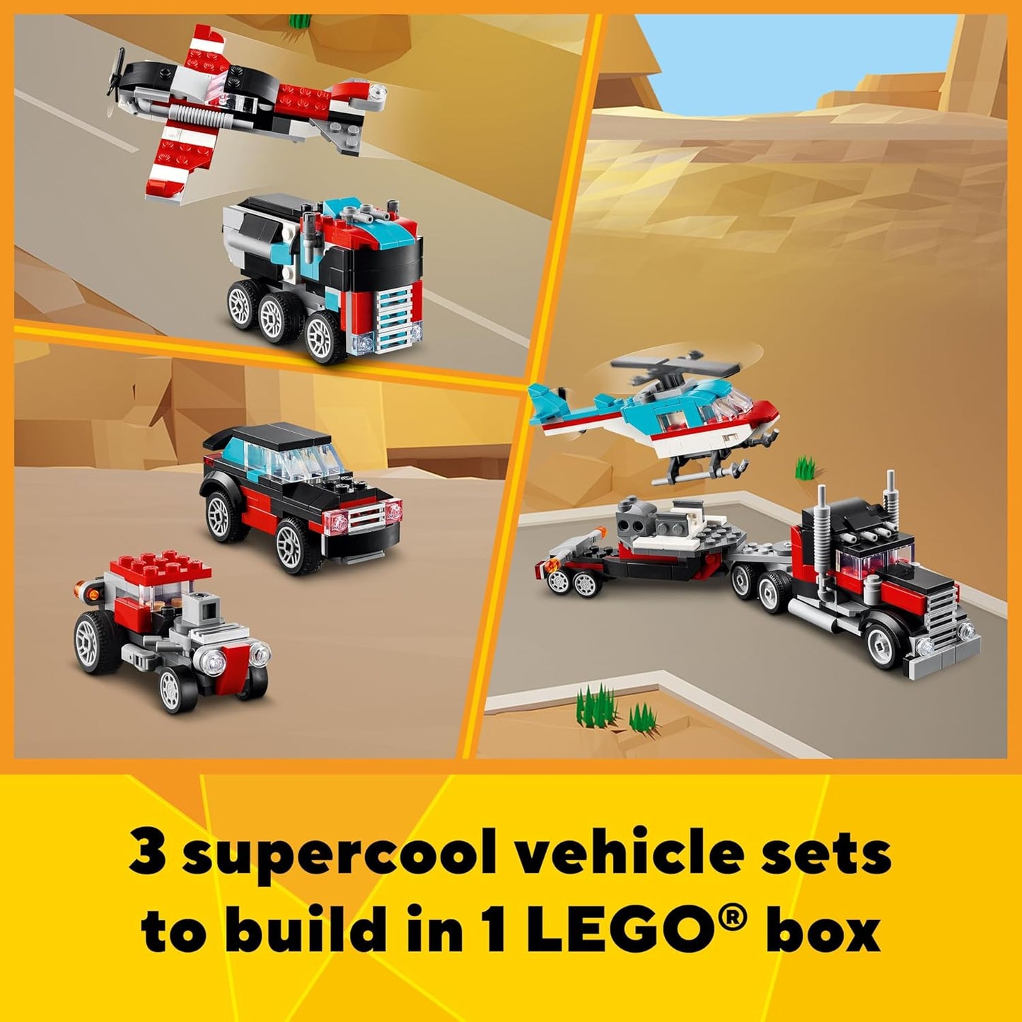 HotLEGO Creator 3 in 1 Flatbed Truck with Helicopter Toy, Transforms from Flatbed Truck Toy to Propeller Plane to Hot Rod and SUV Cars, Gift Idea for Boys and Girls Ages 7 Years Old and Up, 31146