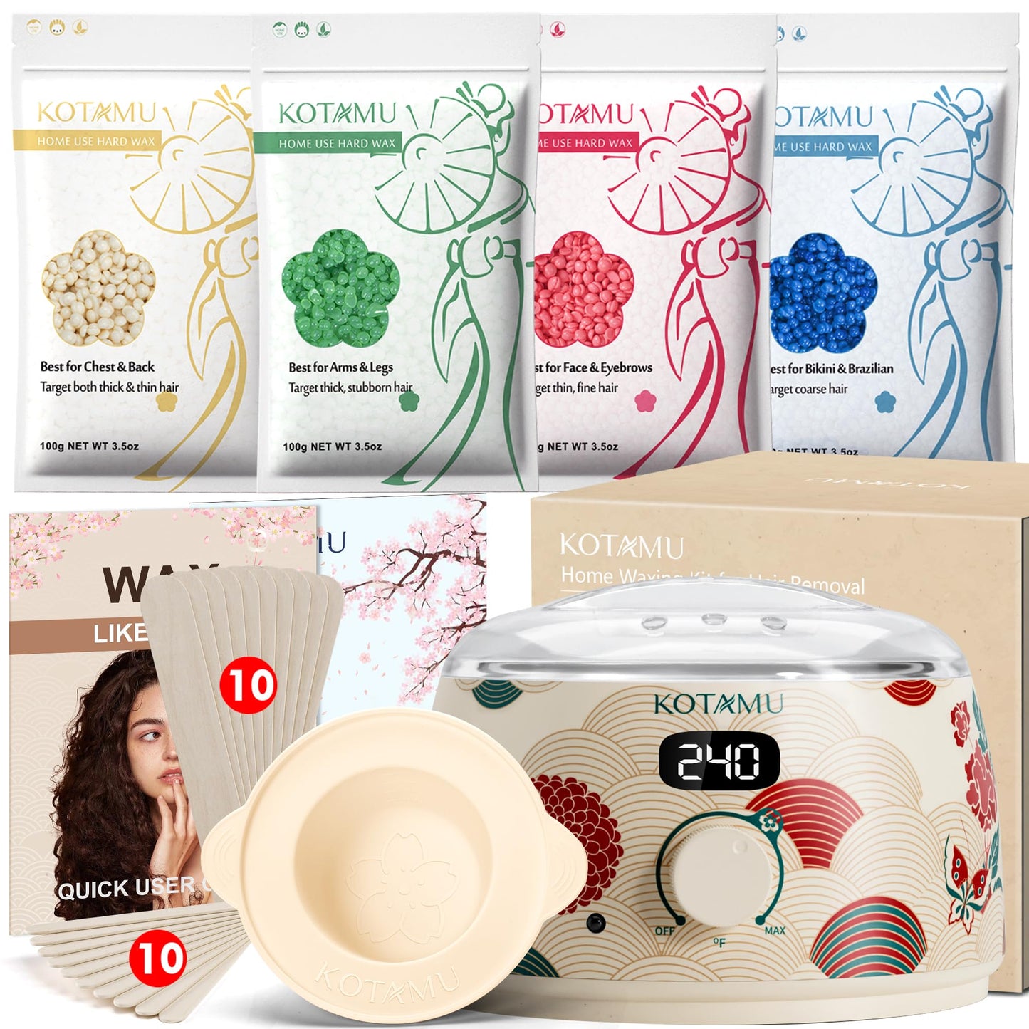 HotKOTAMU Waxing Kit for Women & Men, Pink Digital Wax Pot Warmer Hair Removal | Home Hard Wax Kit, Wax Machine, Face, Eyebrow, Bikini, Brazilian, Body, Sensitive Skin, 25 Accessories, Beginner-Friendly