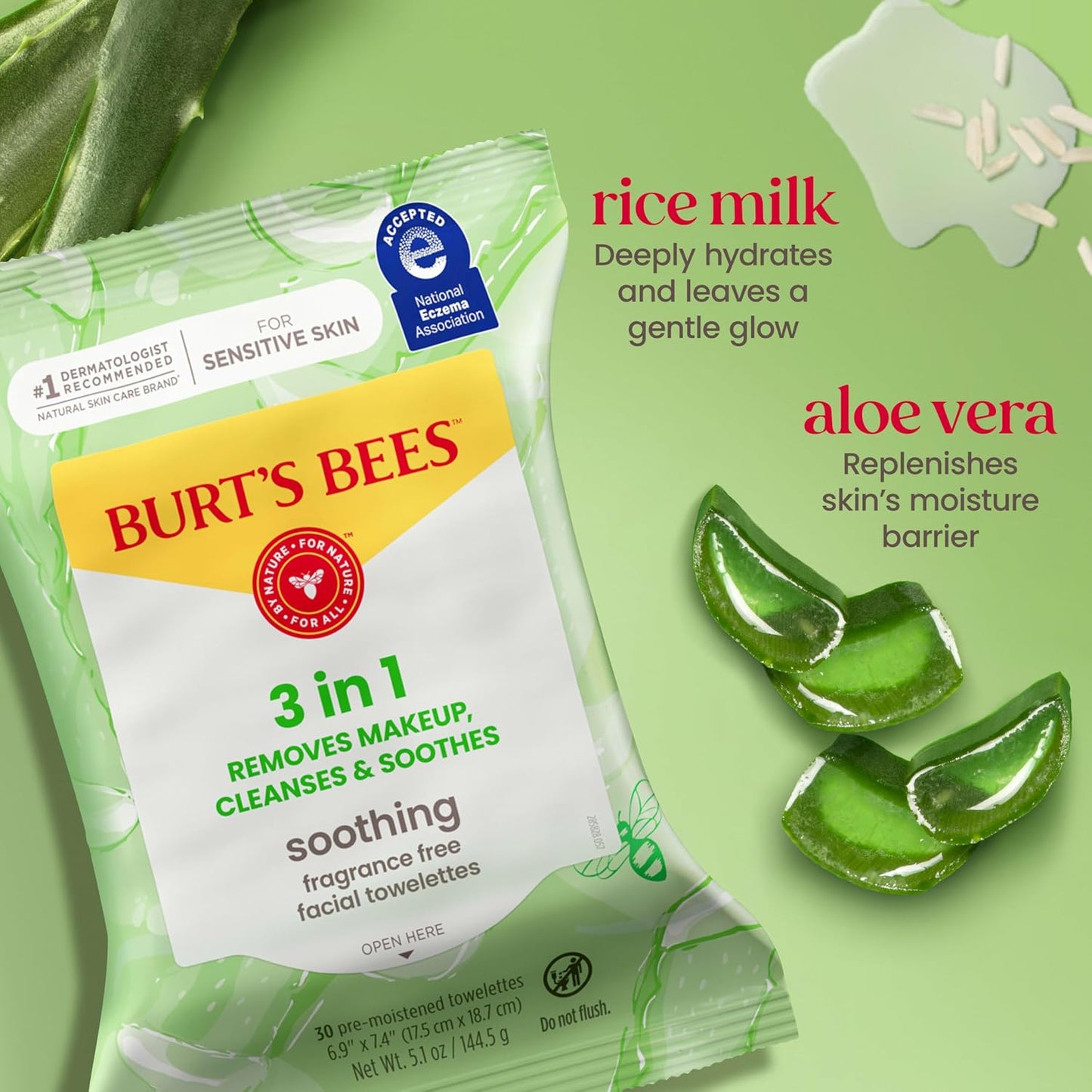 HotBurt's Bees Soothing Fragrance Free Facial Towelettes with Aloe Vera, 100 Percent Plant Based Cloth Makeup Remover Wipes for Sensitive Skin, 99 Percent Natural Origin Skin Care, 30 ct., Three Pack