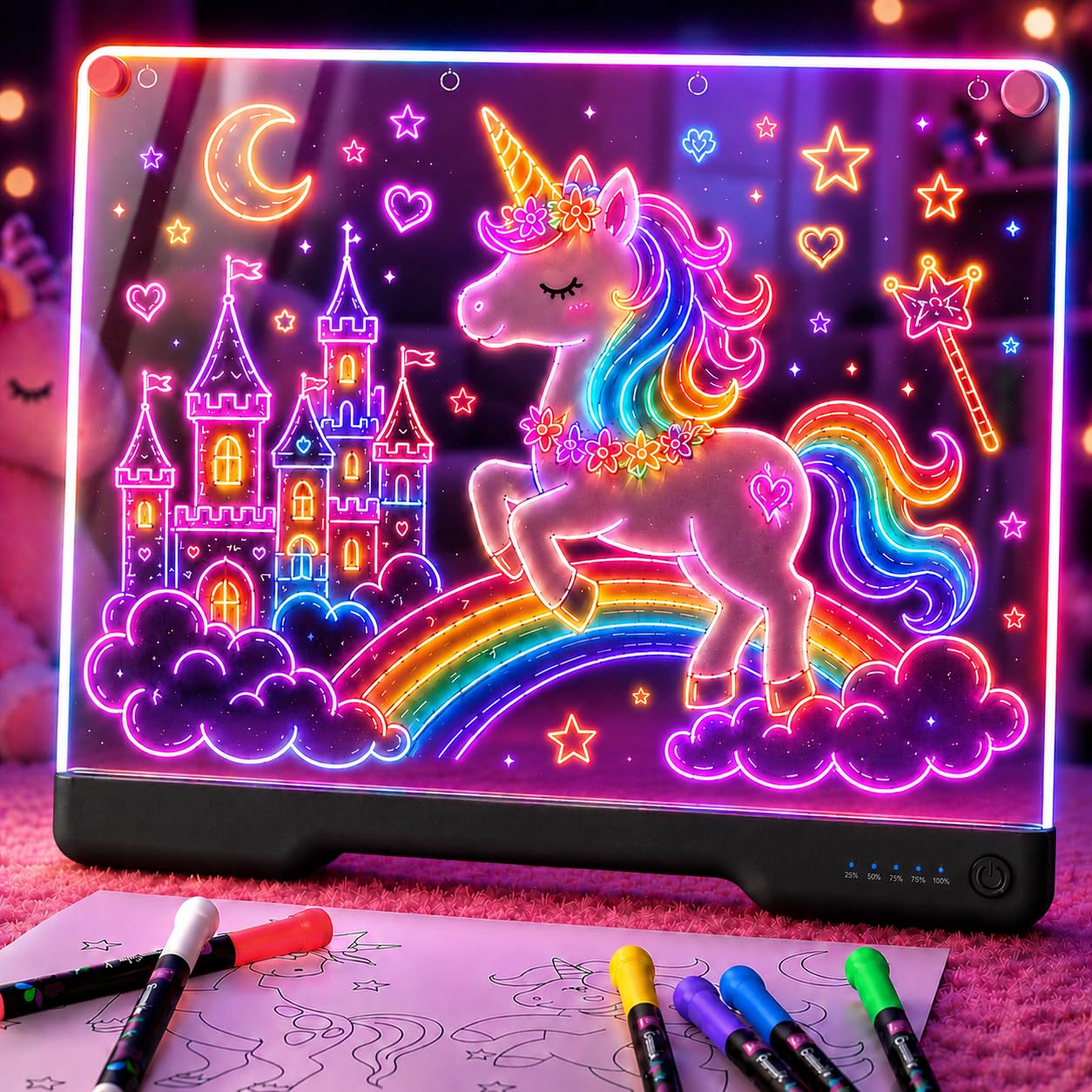 HotGeokay 16" Rechargeable LED Drawing Board, 9-Color Light Modes, Neon Art Dry Erase Light Up Doodle Glow Pad with Built-in Stand, Sketching Gift Toy for Kids/Girls/Teens, 7 Markers & Tracing Book