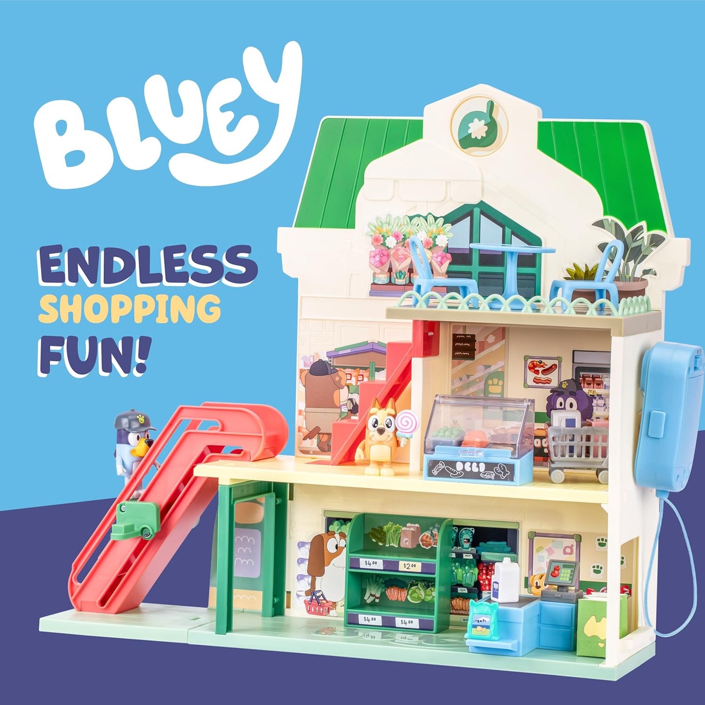 HotBluey and Bingo Supermarket Playset, Escalator & Sounds, 15 Pieces | 3 interactive levels, rooftop café, 24 sound effects, exclusive Bingo & Bluey figures; pretend play for kids ages 3+