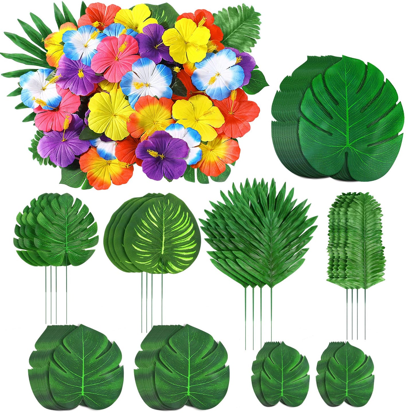 Hot UMIKU 60Pcs Luau Party Decorations Tropical Hawaiian Supplies Palm Leaves | Hibiscus Flowers Simulation Artificial Leaf for Safari Party Jungle Beach Theme BBQ Birthday Party Decorations Table Decor