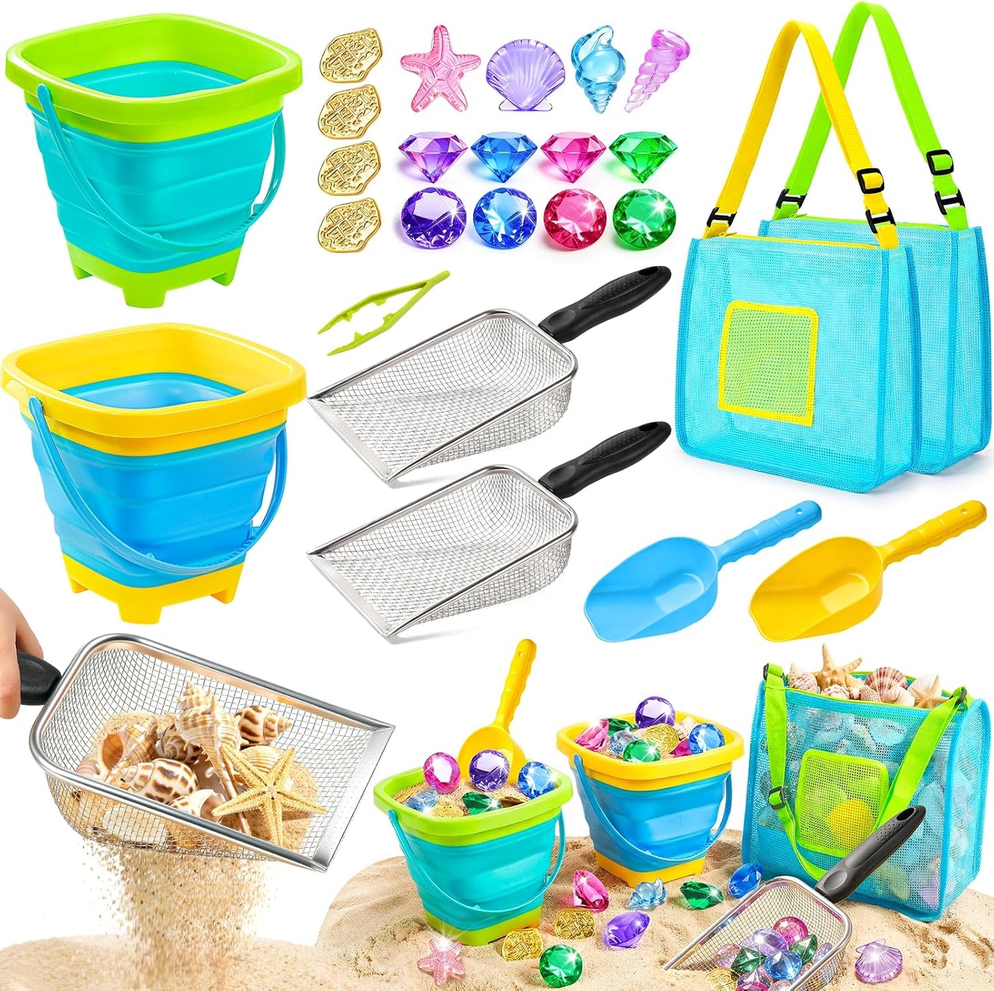 Hot DISHIO Beach Toys for Kids, 24 Pcs Metal Sand Sifter & Collapsible Beach Buckets Set, Stainless Steel Sand Shovel, Sandcastle Building Kit with Mesh Bag, Travel Sand Toys for Toddlers Age 3-10